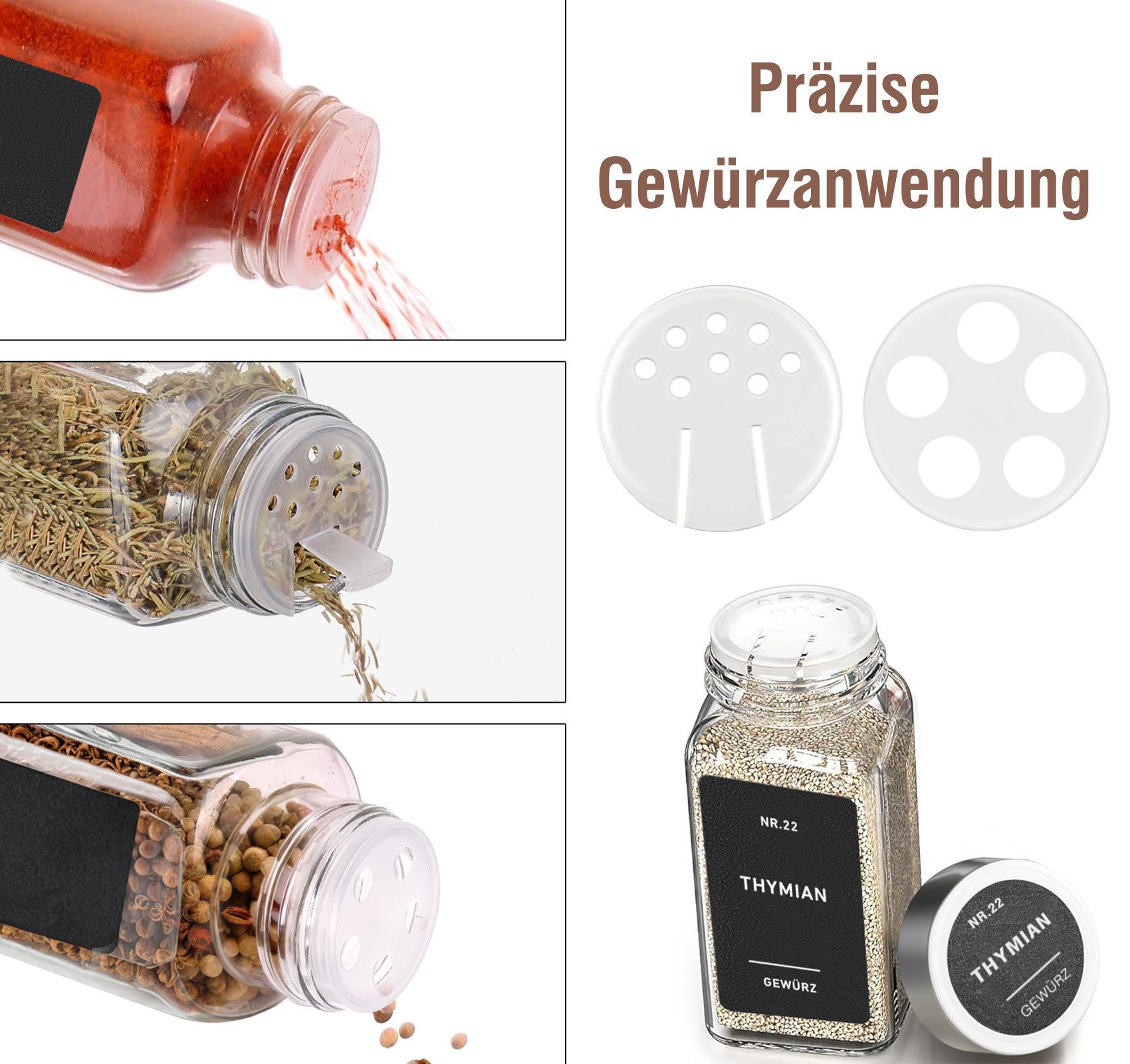 ElitVita Gewürzstreuer Gewürzgläser Eckig, mit 24 Gewürzdosen, Etiketten Pinsel Trichter, (24-tlg), mit Gewürzregal, Zwei Deckeltypen, für Küche