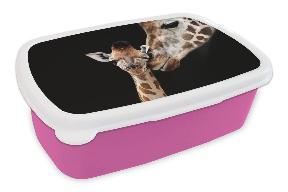 Tiere, MuchoWow Giraffe Lunchbox - Mädchen, - Tiere rosa Porträt Erwachsene, (2-tlg), - Snackbox, für Kunststoff Brotbox Kinder, - Brotdose Kunststoff, Schwarz