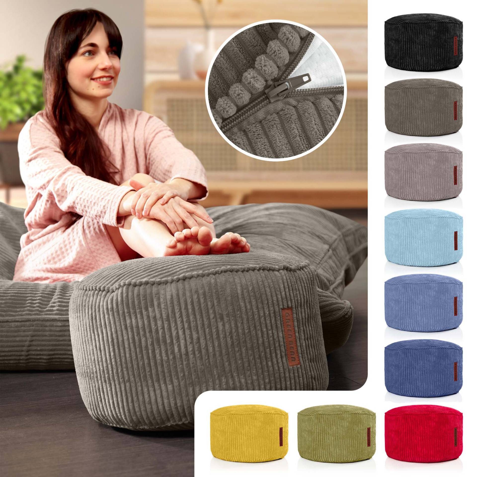 Green Bean Pouf Sitzsack-Hocker Pouf Cord 45x25cm (Indoor Sitzhocker Sitzkissen Fußhocker Relax-Sessel, Made in Germany), die ideale Ergänzung zum Sitzsack – Bild 5 von 5
