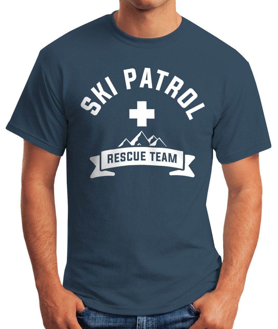 Print-Shirt Apres-Ski Patrol Fun-Shirt Herren Moonworks® blau Print Team MoonWorks Rescue mit T-Shirt