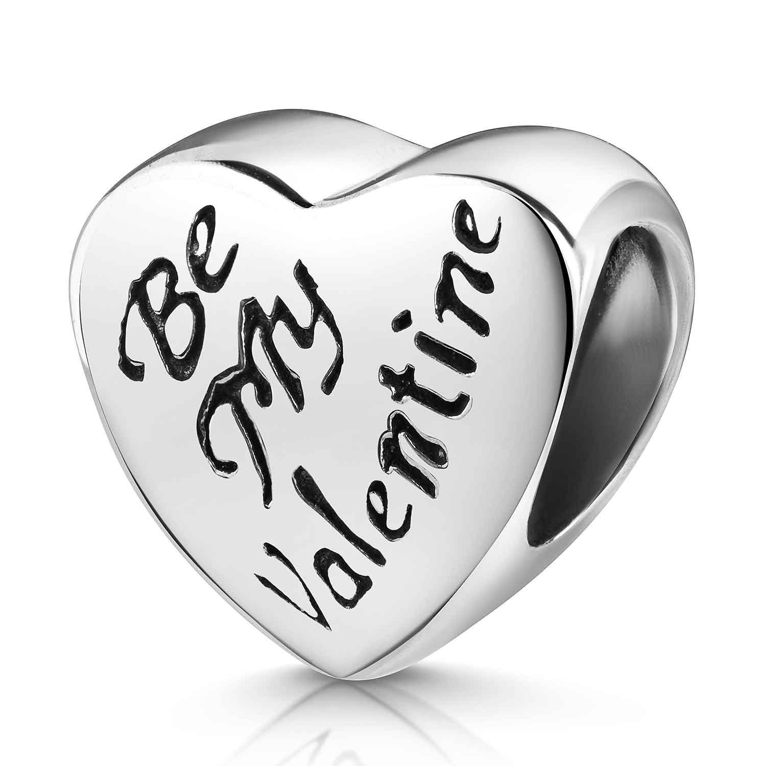 Materia Bead Herz mit Schriftzug "Be my Valentine" Familie Charm 442, 925 Sterling Silber, geschwärzt