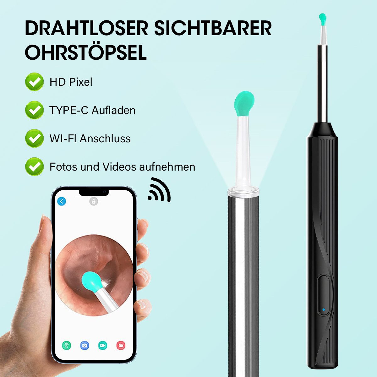 MOPUEA Ohrenreiniger Visuelle Ohrenschmalz Entferner Ohrenschmalz Entferner,8-piece set, 1-tlg., wiederaufladbar & wasserdicht, WIFI link, compatible with iOS, iPadOS, and Android
