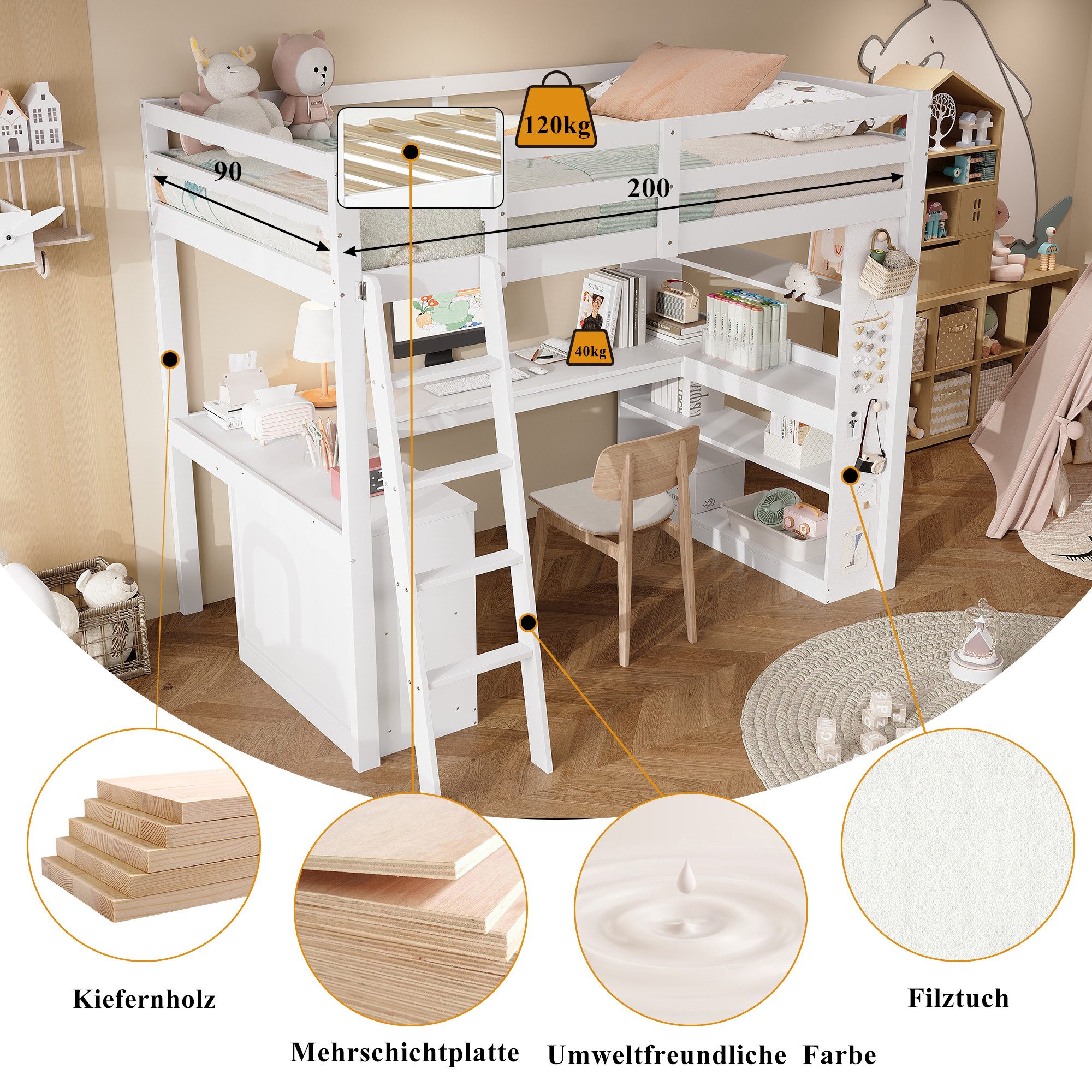Flieks Hochbett Kinderbett 90x200cm mit Schreibtisch, Stauraumregal und Filzfläche – Bild 4 von 5