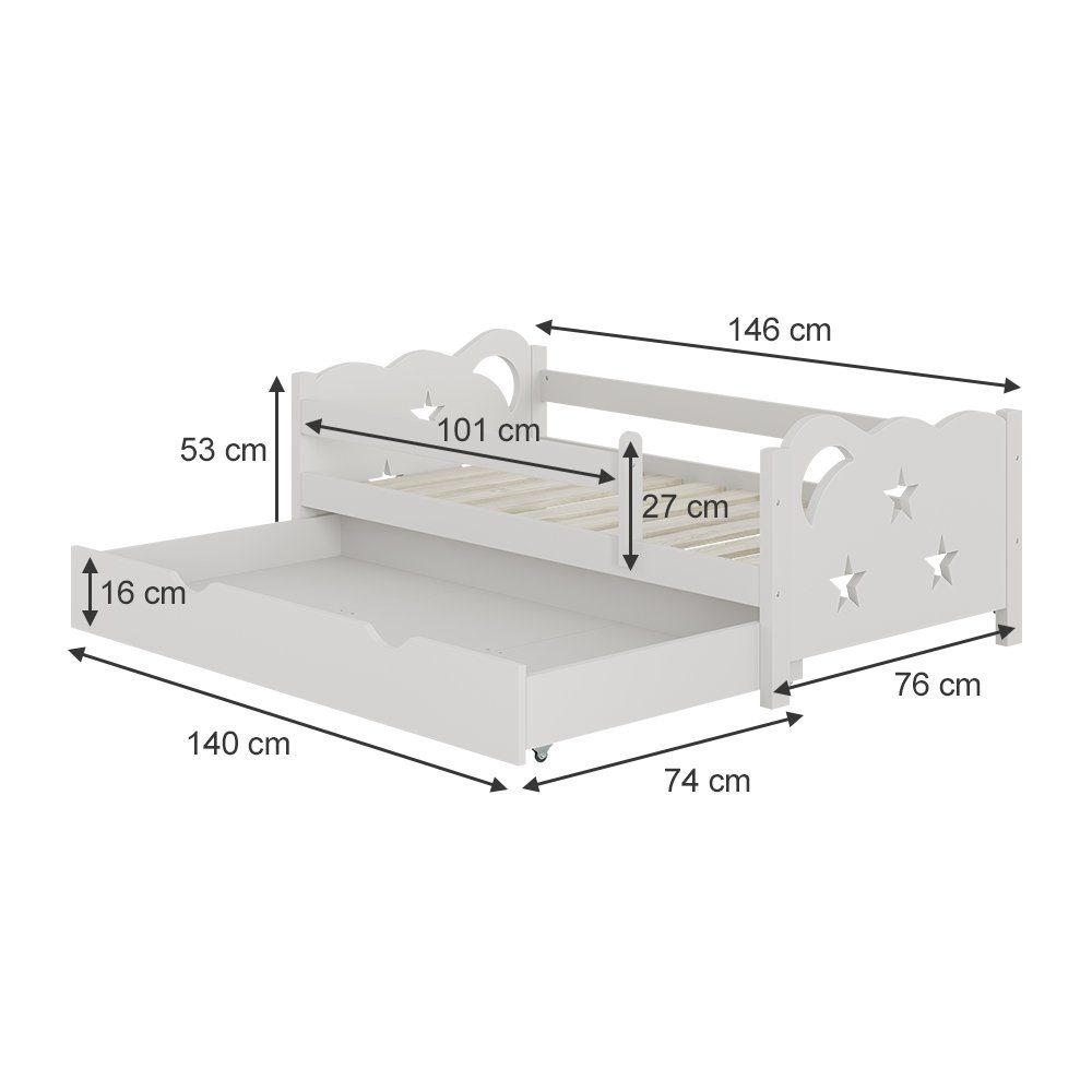 VitaliSpa® Kinderbett Jessica, Weiß, 70x140 cm mit Schublade, ohne Matratze (2-tlg)