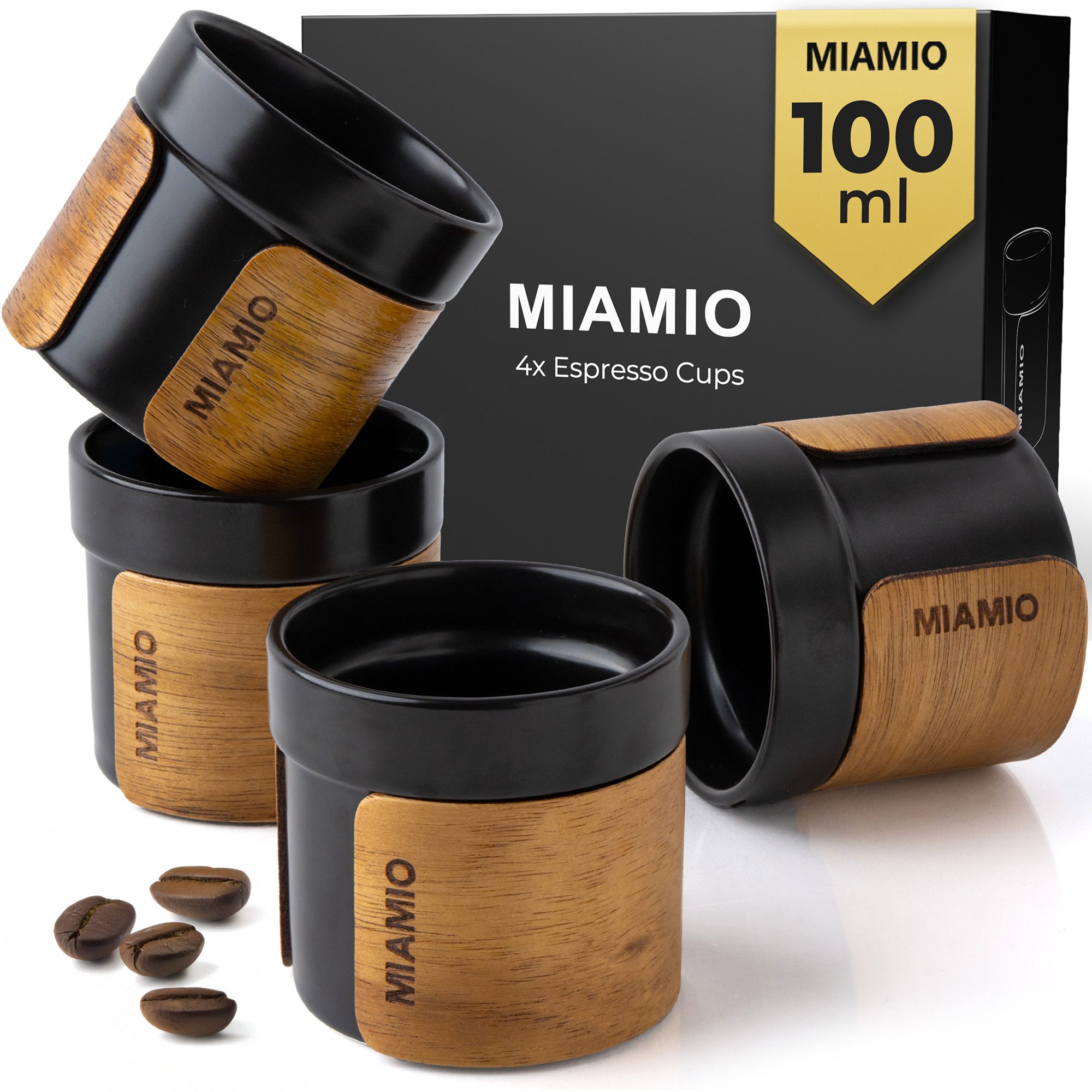 MiaMio Espressotasse ohne Henkel mit Holzmanschette, 100 ml, Schwarz, 4-tlg., Keramik