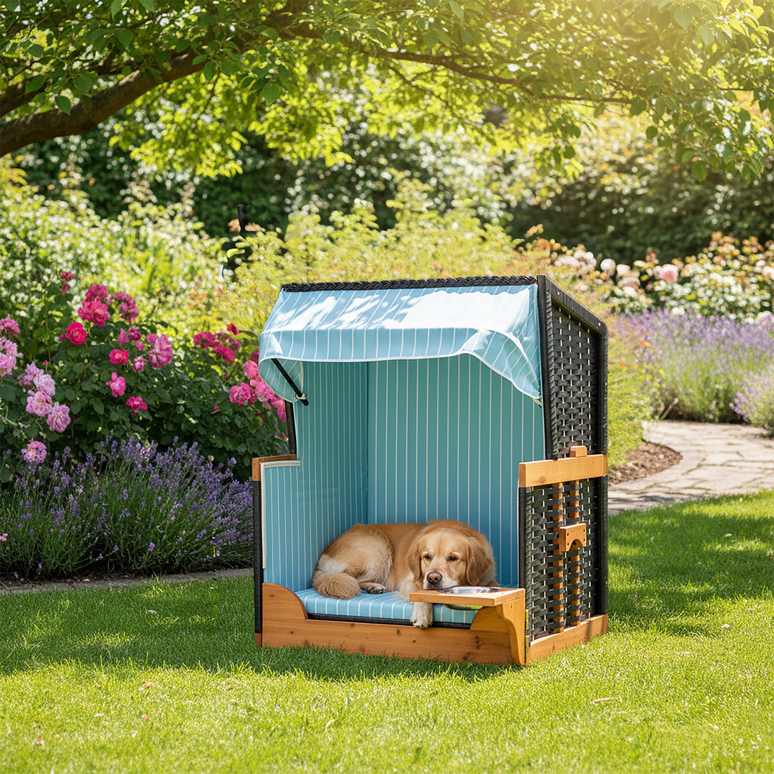 relaxdays Haustierstrandkorb Hundestrandkorb Holz & Rattan inkl. Napf, BxTxH: 75x65x95 cm, B