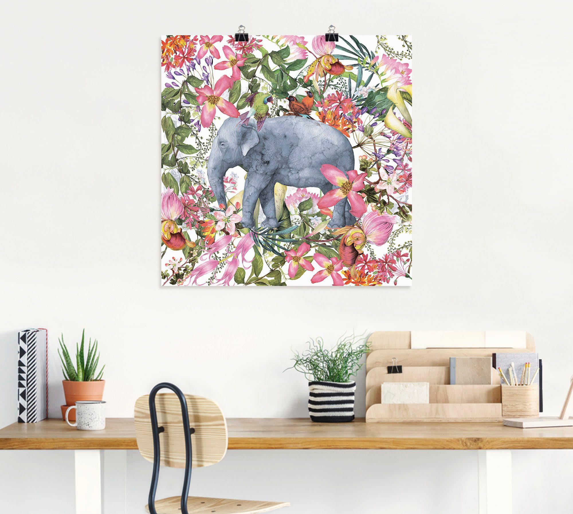 Artland Wandbild Elefant im Blüten als St), Wandaufkleber oder Wildtiere Alubild, Poster Dschungel, Leinwandbild, in versch. (1 Größen