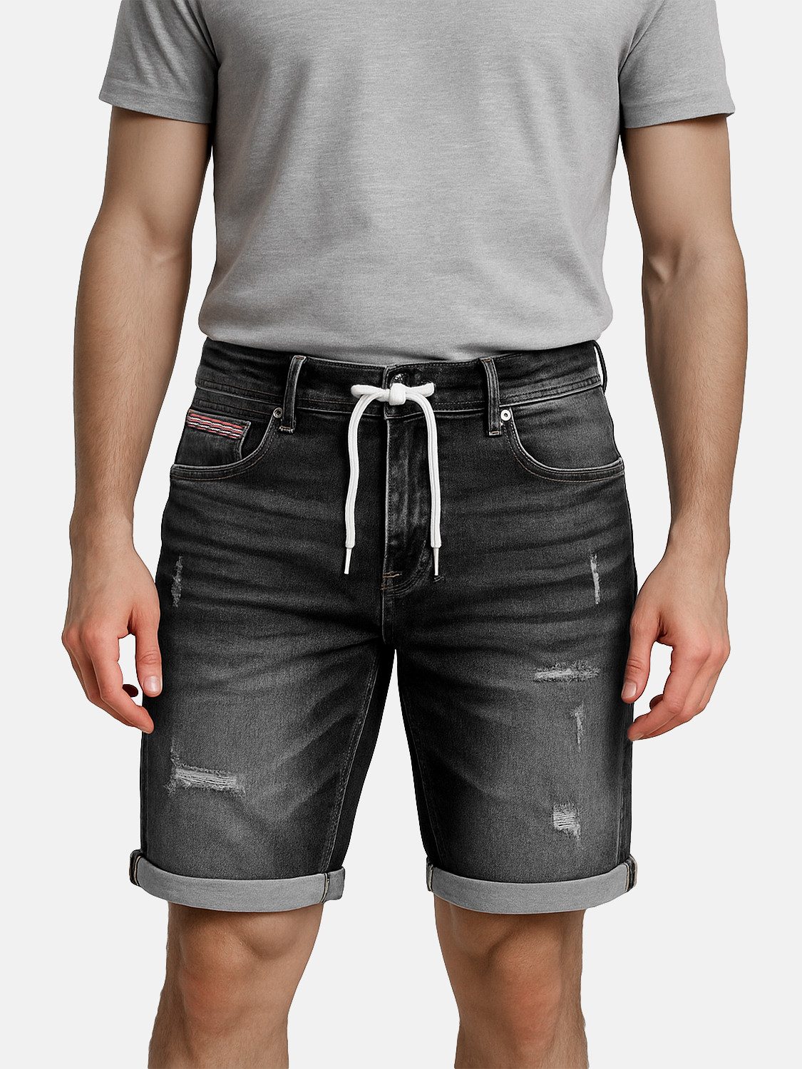 Egomaxx Jeansshorts Distressed Denim mit Kordelzug und Umschlag für Herren Baumwolle Regular Fit unifarben atmungsaktiv Reißverschluss