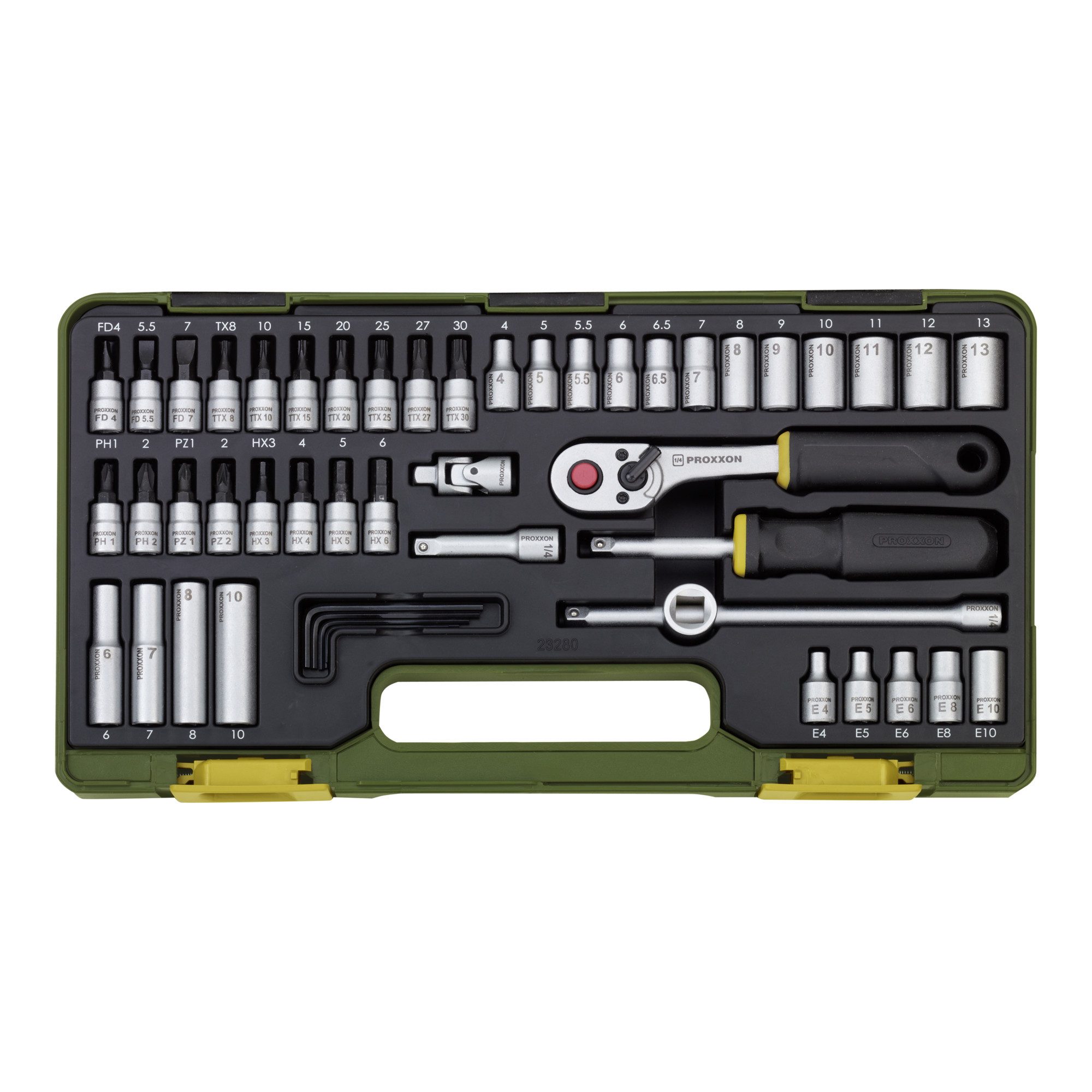 PROXXON INDUSTRIAL Steckschlüssel Proxxon Steckschlüsselsatz mit Knüppelratsche, 1/4", 50-tlg.
