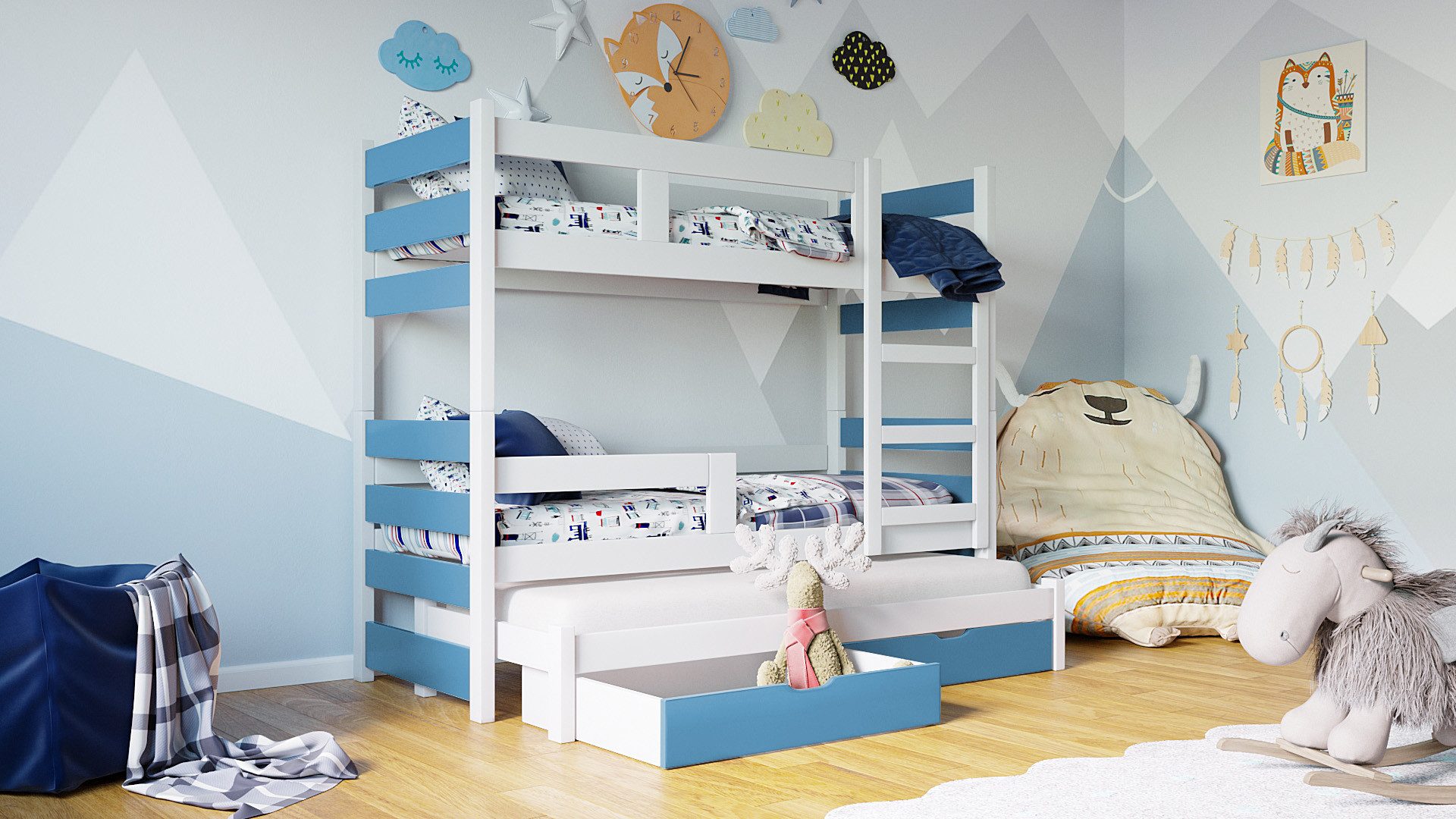 thematys Hochbett Etagenbett mit Ausziehbett + Rausfallschutz INKL. 3 Matratzen 180x75cm (MADE IN EU-Kinderbett für Jungen und Mädchen, in Weiß, Grau, Natur, Rosa, Grün, Minze oder Blau, inklusive Lattenroste - Aus Kiefernholz und MDF Platten gefertigt) mit zwei Schubladen