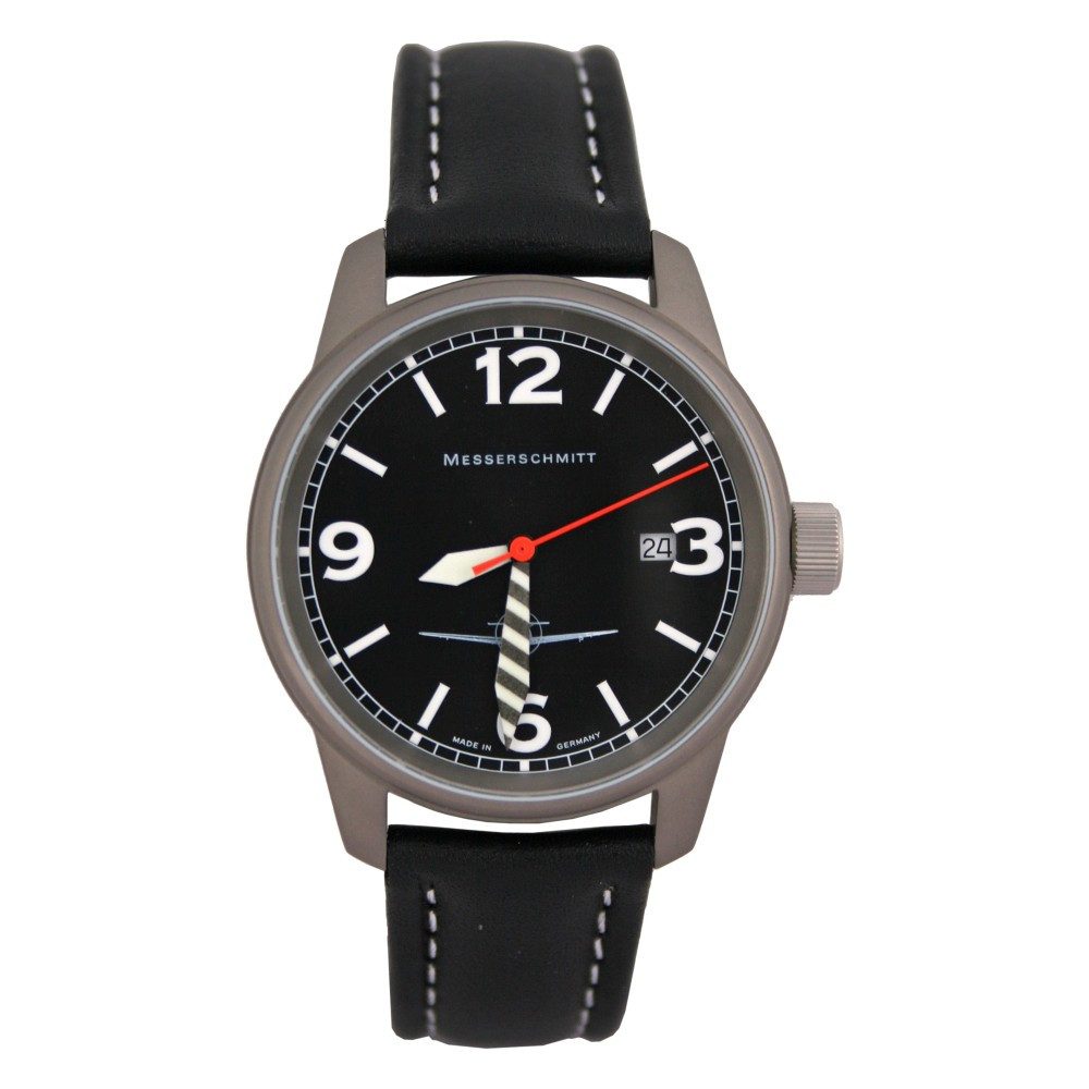 Messerschmitt Quarzuhr 108-M Spezial Fliegeruhr, Herrenuhr mit Lederarmband & rotem Sekundenzeiger - Made in Germany