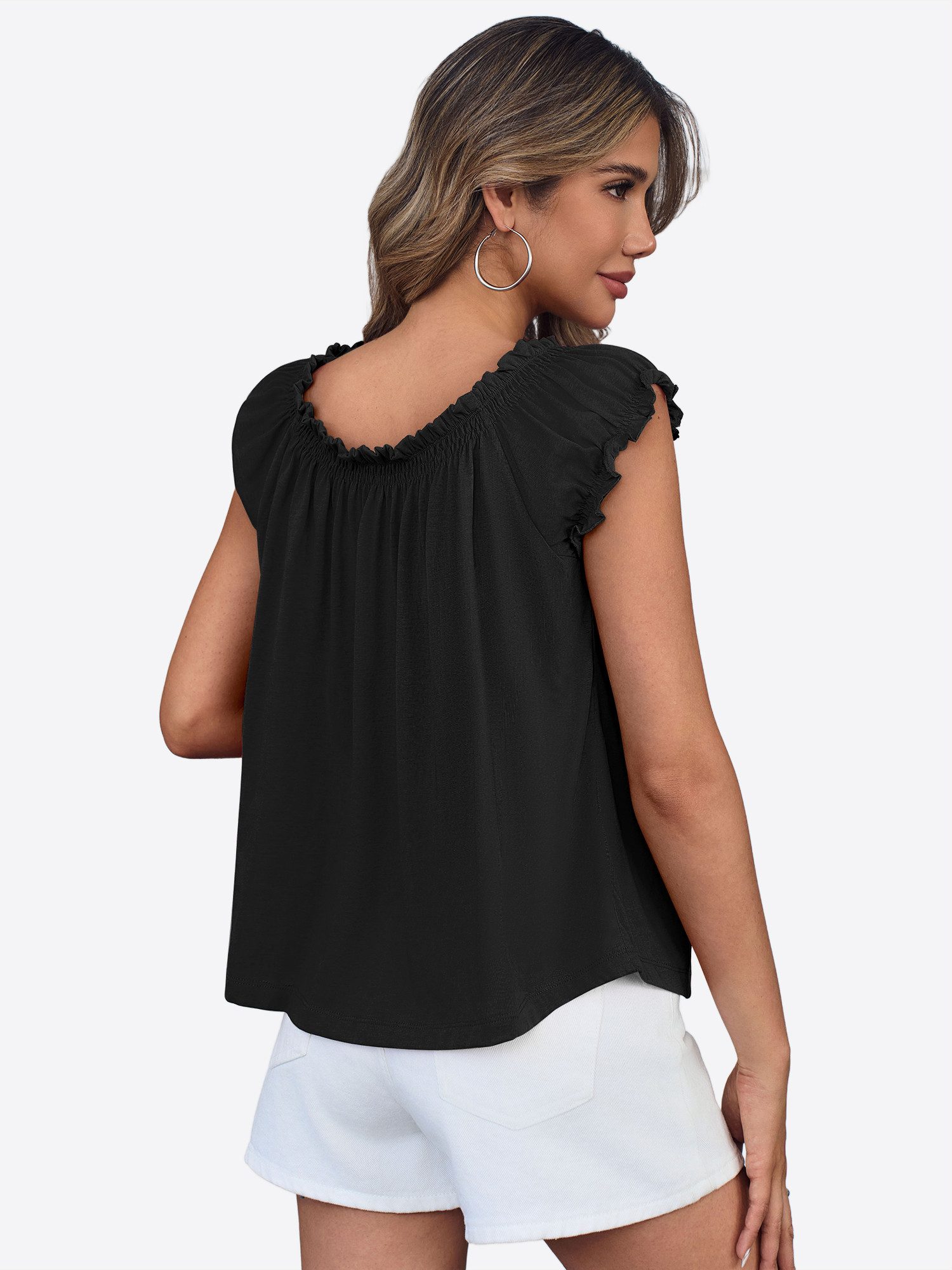 Imily Bela Babydolltop Damen Sommertop mit Puffärmeln und Bindeband vorne (Packung, 1-tlg., 1per-Pack) einfarbig
