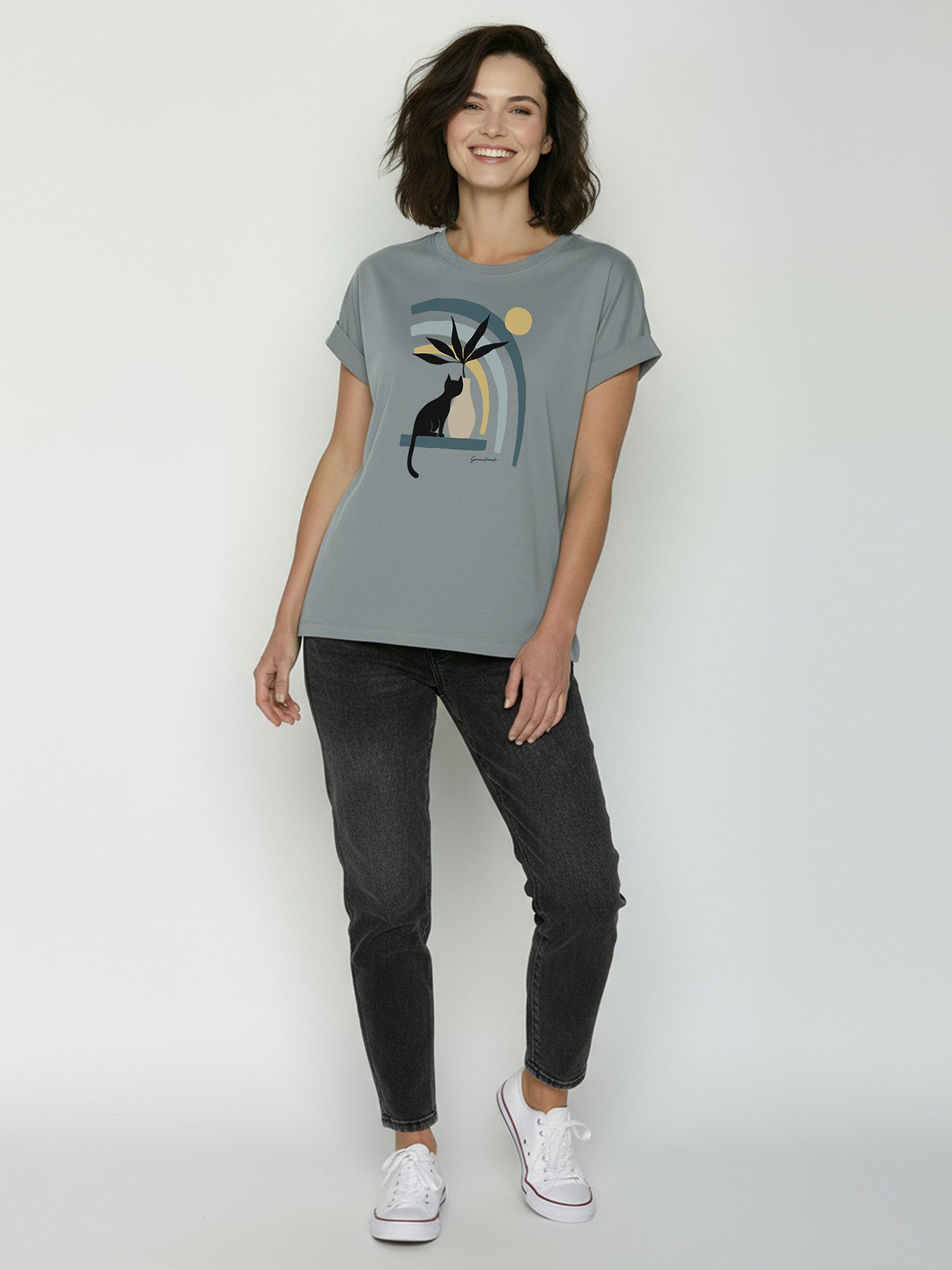 GreenBomb T-Shirt Loony Cat Vase (1-tlg., 1) Rundhalsausschnitt, Bio-Baumwolle, GOTS Zertifiziert