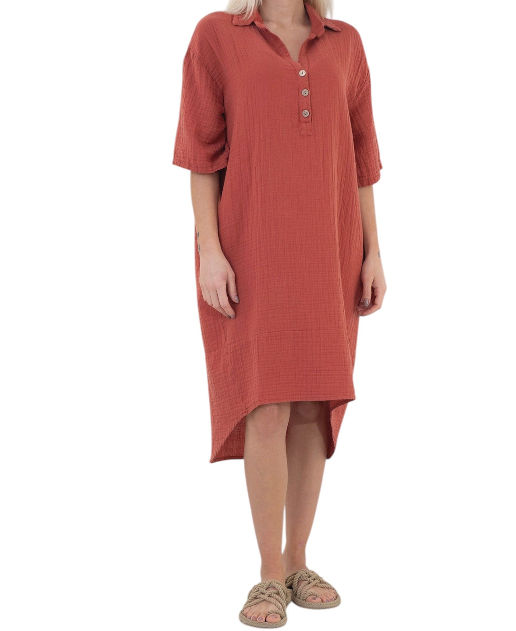 WENOR Blusenkleid Musselin Damen Tunika Kleid Baumwolle Oversize Sommerkleid Locker geschnitten mit Hemdkragen, Knopfleiste und Seitentaschen