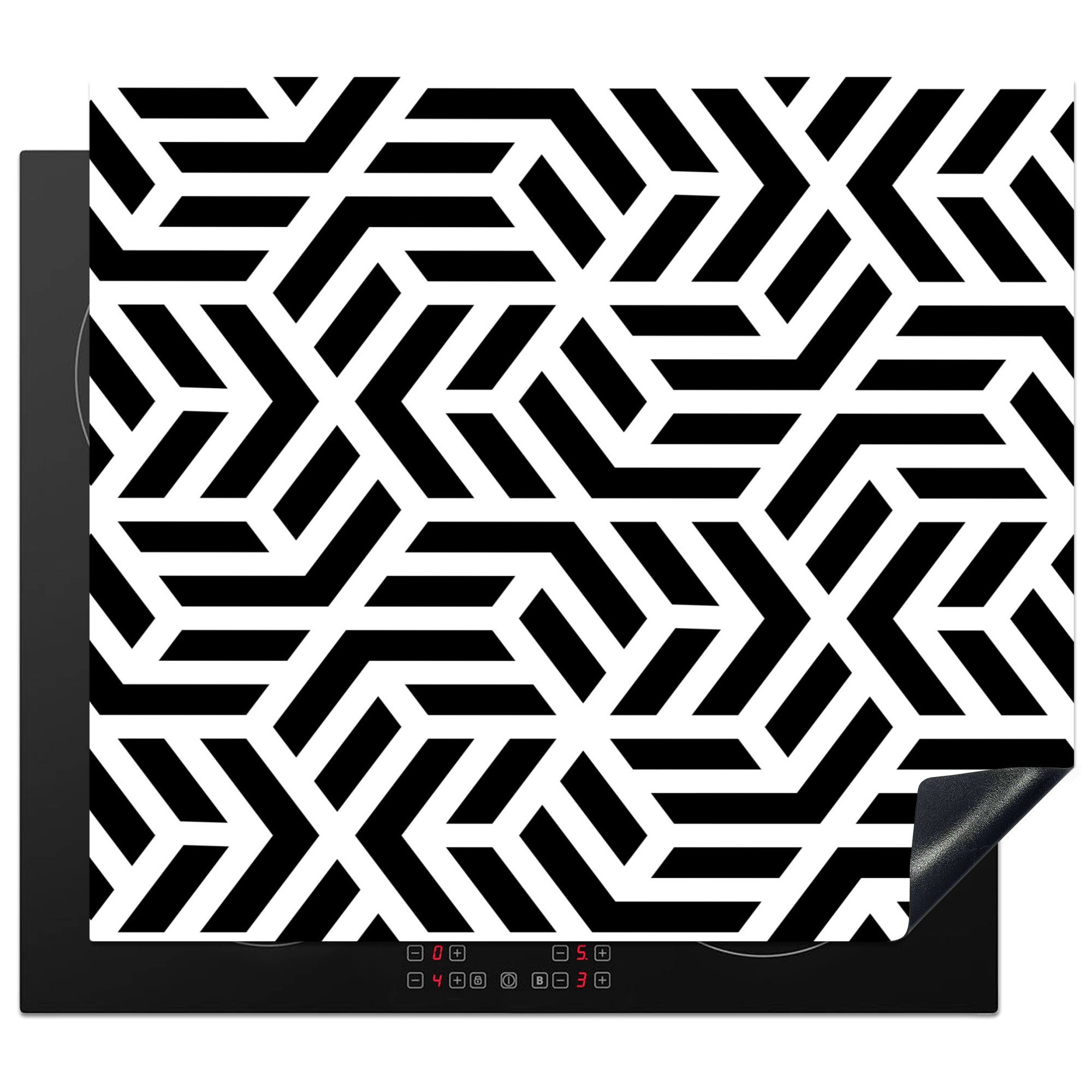 MuchoWow Herdblende-/Abdeckplatte Design - Geometrie - Muster - Schwarz - Weiß, Vinyl, (1 tlg), 57x51 cm, Induktionsschutz, Induktionskochfeld, Ceranfeldabdeckung