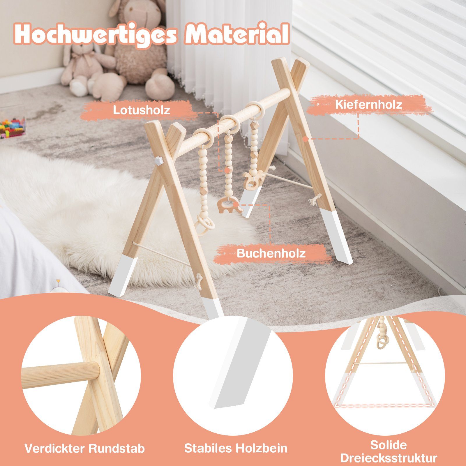 COSTWAY Baby Gym Spielbogen, mit 3 Kinderspielzeugen, klappbar, aus Holz