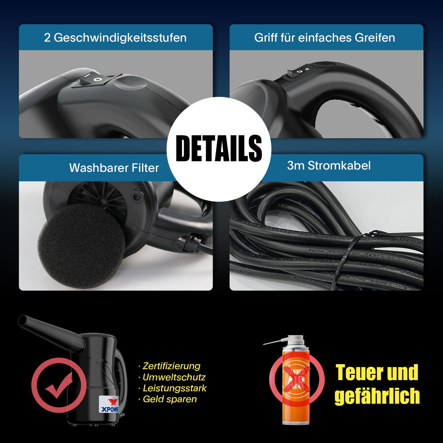 XPOWER Akku-Handstaubsauger A-2S Elektrischer Luftzerstäuber zum Trocknen von Autocomputern, 520 W, mit Beutel, Mächtig, 2-Speed Settings, Vielseitigkeit, Kompakte Größe, Dauerhaft