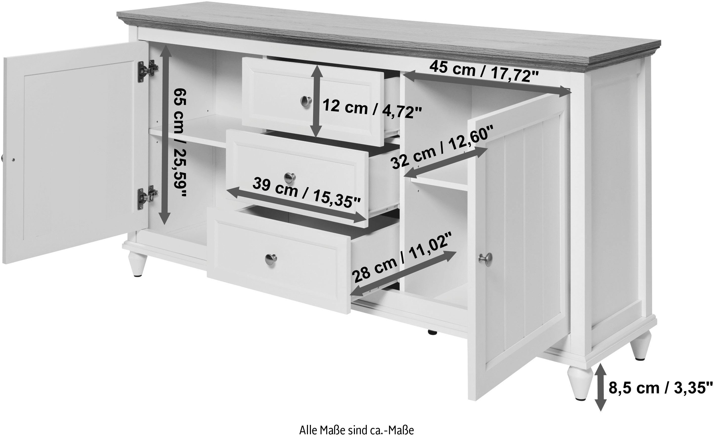 Schubladen, ca. COTTAGE und Jahnke Sideboard Sideboard, 3 (1 2 St), Breite Landhausstil, cm 150 150 SB Türen
