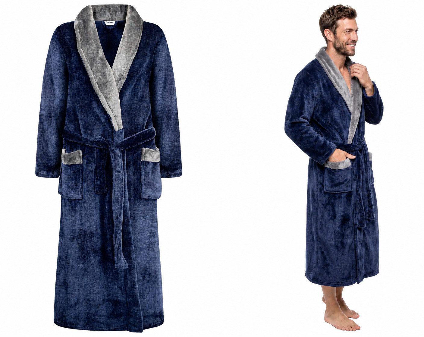 Rungassi Herrenbademantel Exklusiver Herren Bademantel Coral Fleece Blau-Grau Schalkragen 8218, 100 % Polyester – Bild 3 von 3