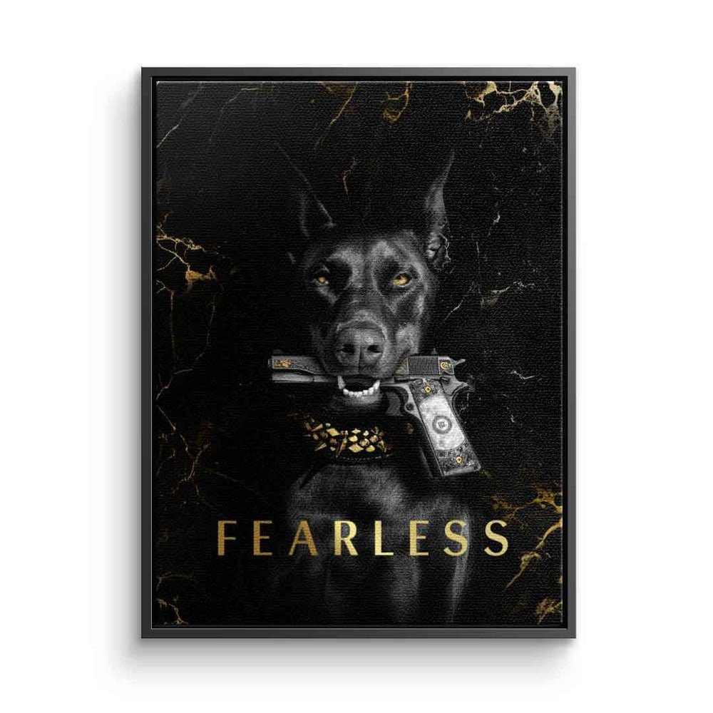 DOTCOMCANVAS® Leinwandbild, Leinwandbild Luxury Dog Animal fearless Hund schwarz gold elegant mit schwarzer Rahmen
