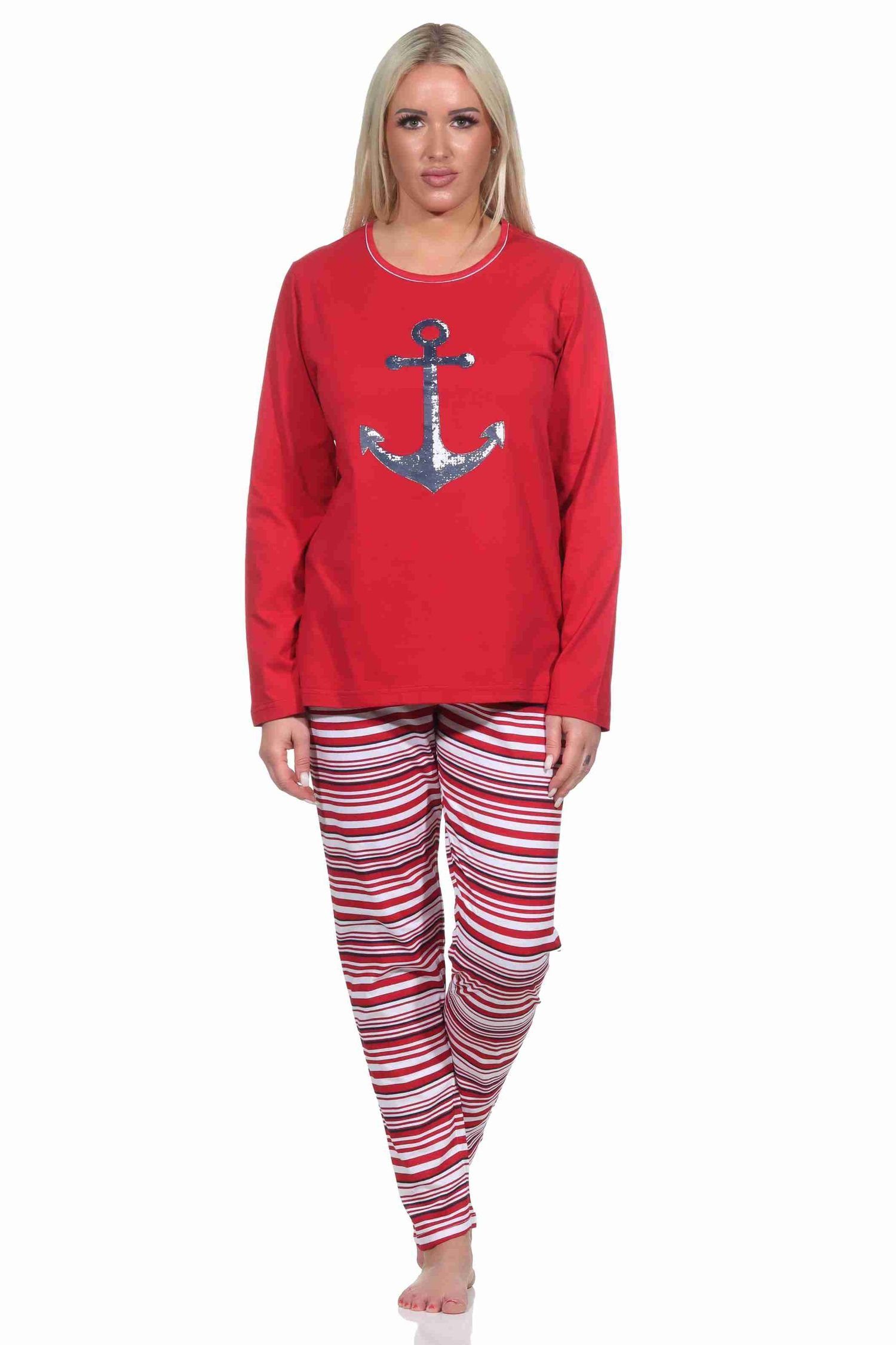 Normann Pyjama Damen langarm Schlafanzug in maritimer Optik, Oberteil mit Ankermotiv rot