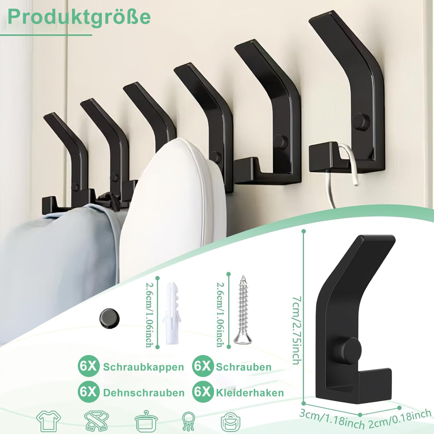 Fyrove Kleiderhaken, Garderobenhaken, Kleiderhaken zum Schrauben, Wandgarderobe, (Haken für Akustikpaneele, Schlafzimmer, Wohnzimmer, Badezimmer, (6-St), Wandhaken für Garderobe, Jacken, Hut, Metall, Schwarz)