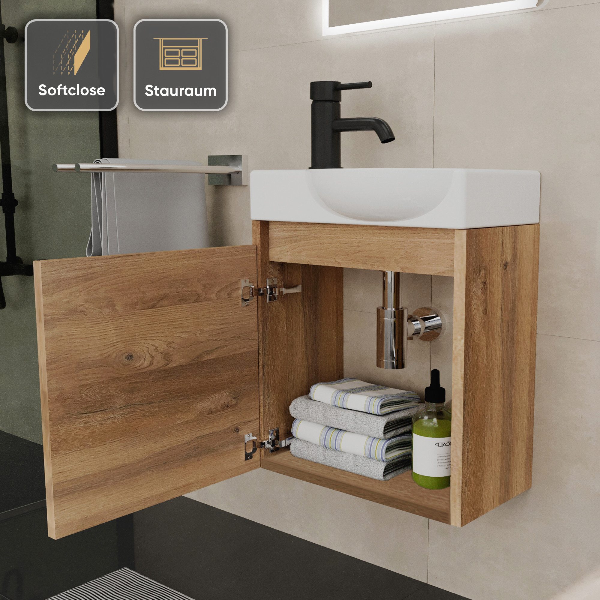 Alpenberger Waschtisch-Set Waschtisch mit Unterschrank hängend 45 cm Gäste WC, (Soft-Close Tür, MDF Bamboo, Keramik Becken Rechts mit Überlauf), Waschbecken mit – Bild 4 von 5