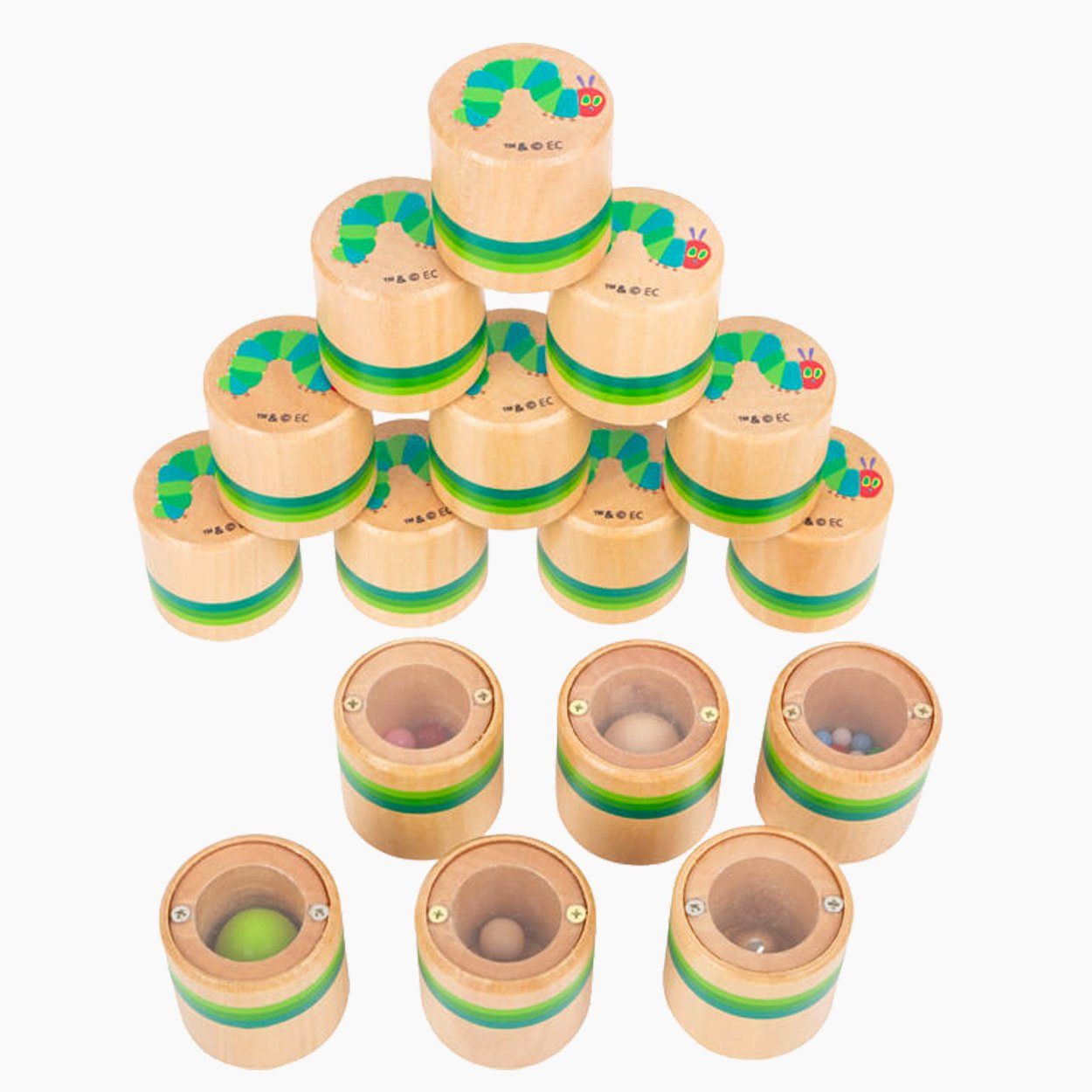 Small Foot Lernspielzeug Raupe Nimmersatt Hör-Memo (packung, 16-St., 16 Holzdosen), Geräuschunterschiede erkennen und benennen.