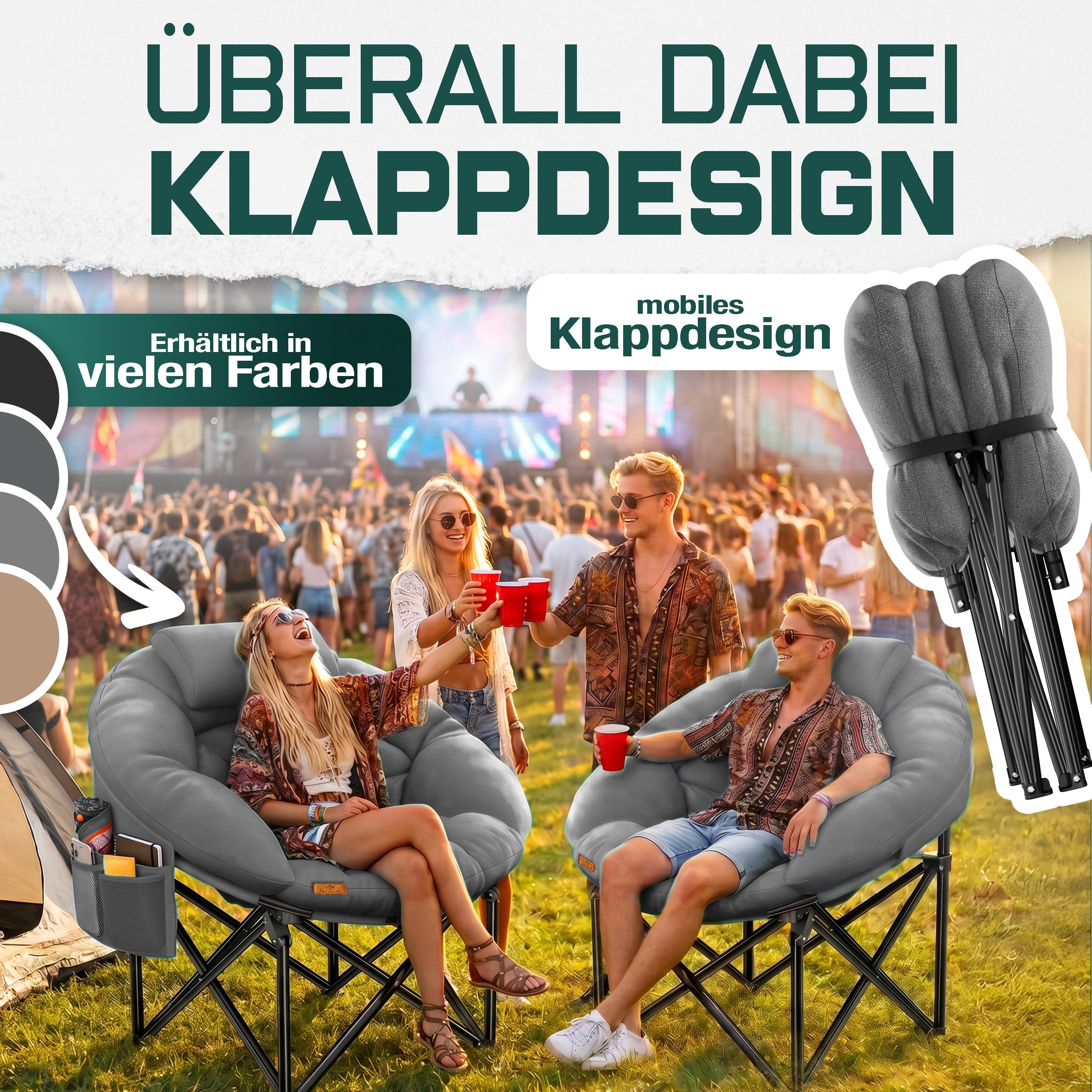 KESSER Campingstuhl XXL faltbar, bis 150 kg, inkl. Kissen, Seitentasche & Cover, Outdoor + Indoor für Camping, Angeln, Festival & Strand – Bild 4 von 5