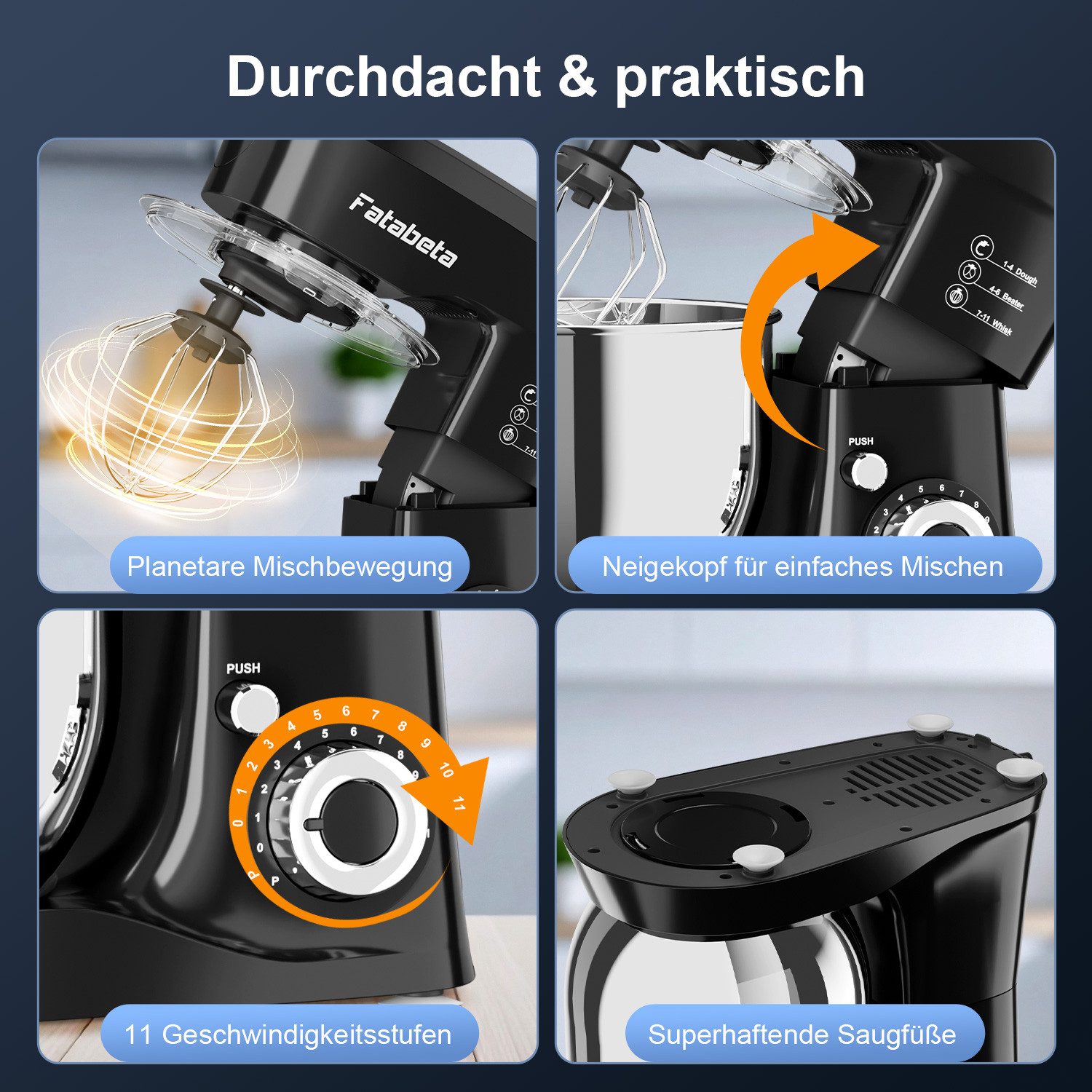 7MAGIC Küchenmaschine 1000W Leistungsstarke Knetmaschine, P+11 Geschwindigkeiten, 1000 W, 5,5 l Schüssel, Teigmaschine mit Rührhaken, Knethaken, Schlagbesen und – Bild 5 von 5