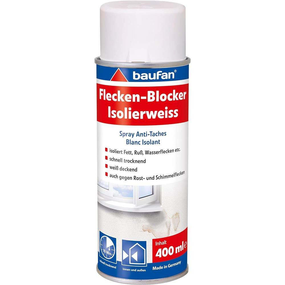 baufan® Isoliergrundierung Flecken-Blocker Isolierweiß 400ml Isolierfarbe Fleckenblocker, Gegen Wasser-, Ruß-, Fett-, Teer-, Nikotin-, Stift- und Rostflecken