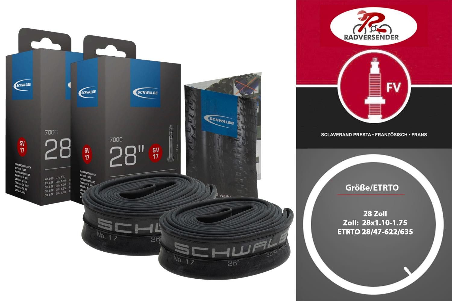 Schwalbe Fahrradschlauch 2 Stück 28 Zoll Schwalbe Schläuche 28x1.10-1.75 tube 28/47-622/635 SV, 28 Zoll, (2-St)