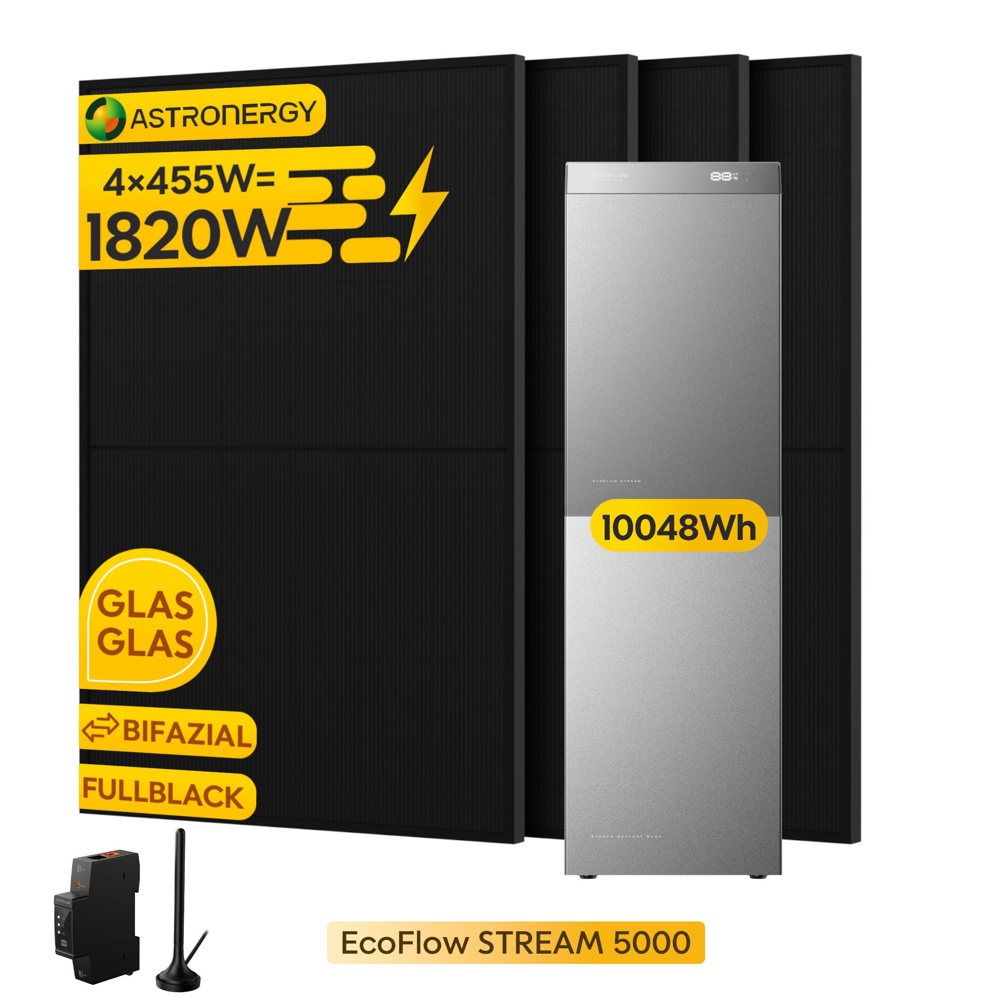 Ecoflow Balkonkraftwerk EcoFlow STREAM 5000 Speicher mit EB 5000 Zusatzbatterie 10048Wh, 1820W, (mit 4x Astronergy 455W Module), inkl. Halterung (Optional)