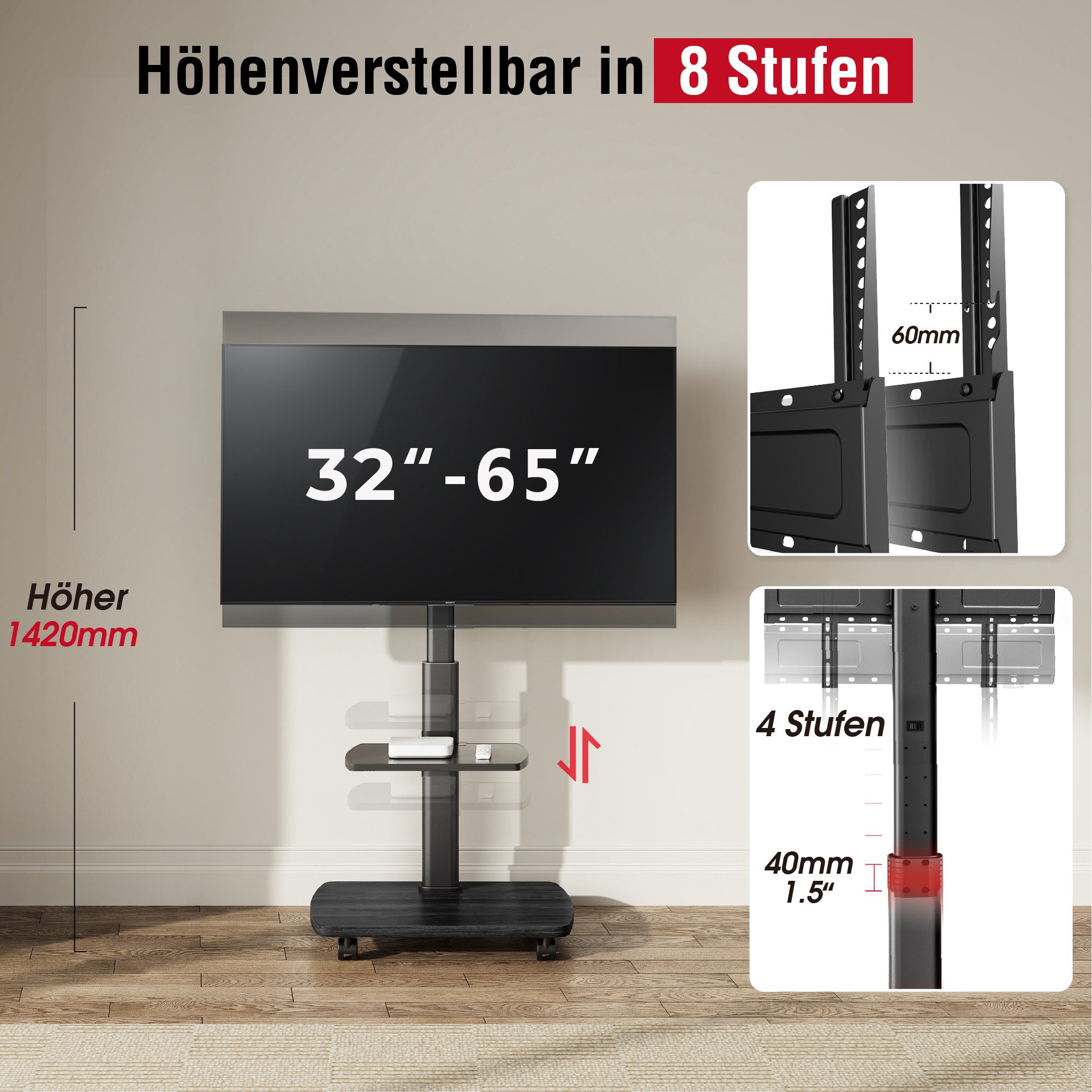 AOKCOS TV-Ständer, (bis 65 Zoll, mit Holzablage & Regal)