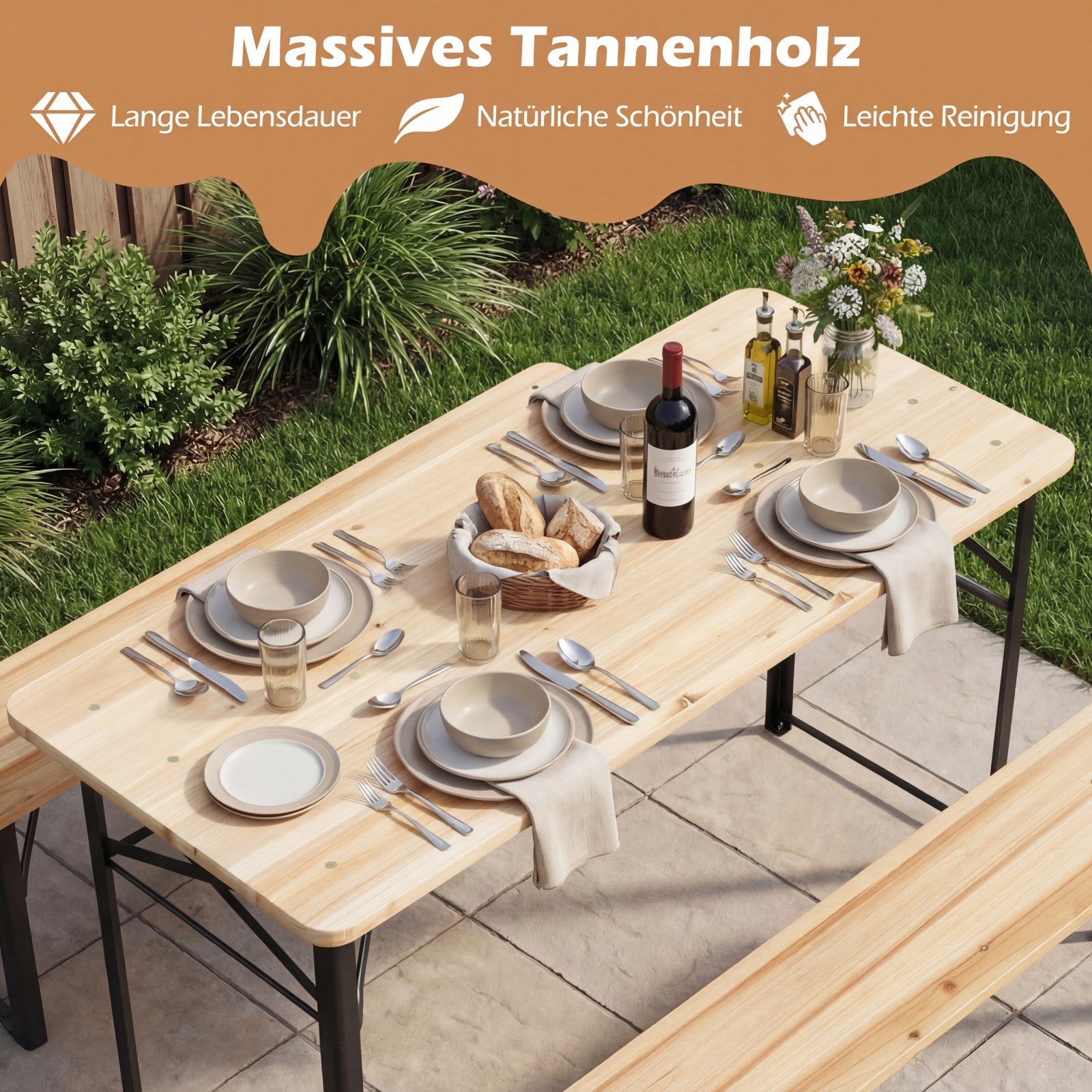 COSTWAY Bierzeltgarnitur, (3-tlg), Biertischgarnitur mit 2 Bänke & Tisch, Holz