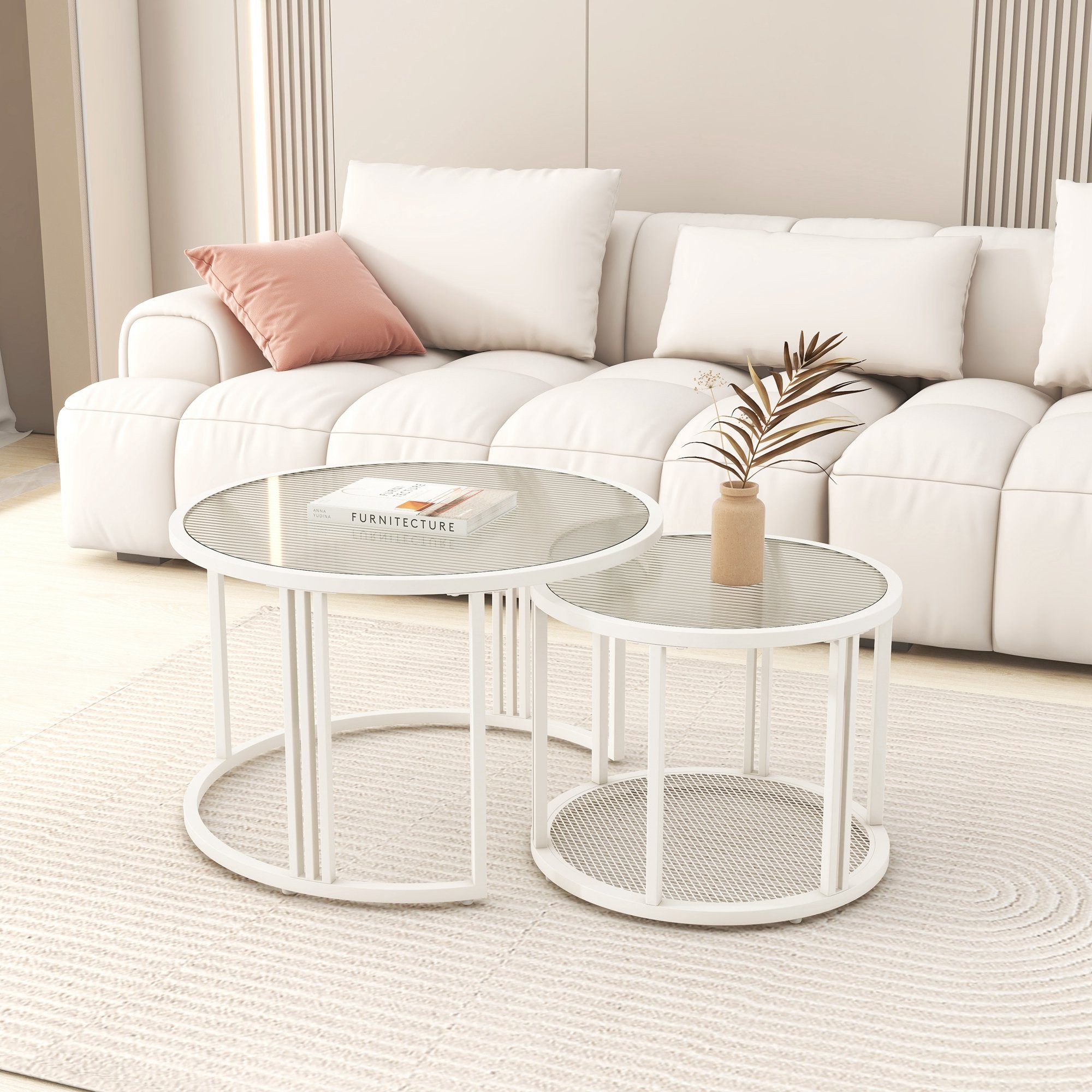 OKWISH Couchtisch Vielseitiges 2er Set Runde Couchtische (Wasserwellen-Glasplatte, 2-St), Cremeweiße Lackierung, Vielseitig Nutzbar