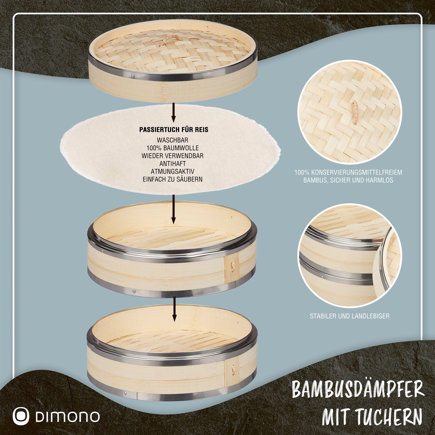 Dimono Dampfgaraufsatz Bambus-Dämpfer mit Deckel, 2-Etagen Reiskocher Bambusgarer
