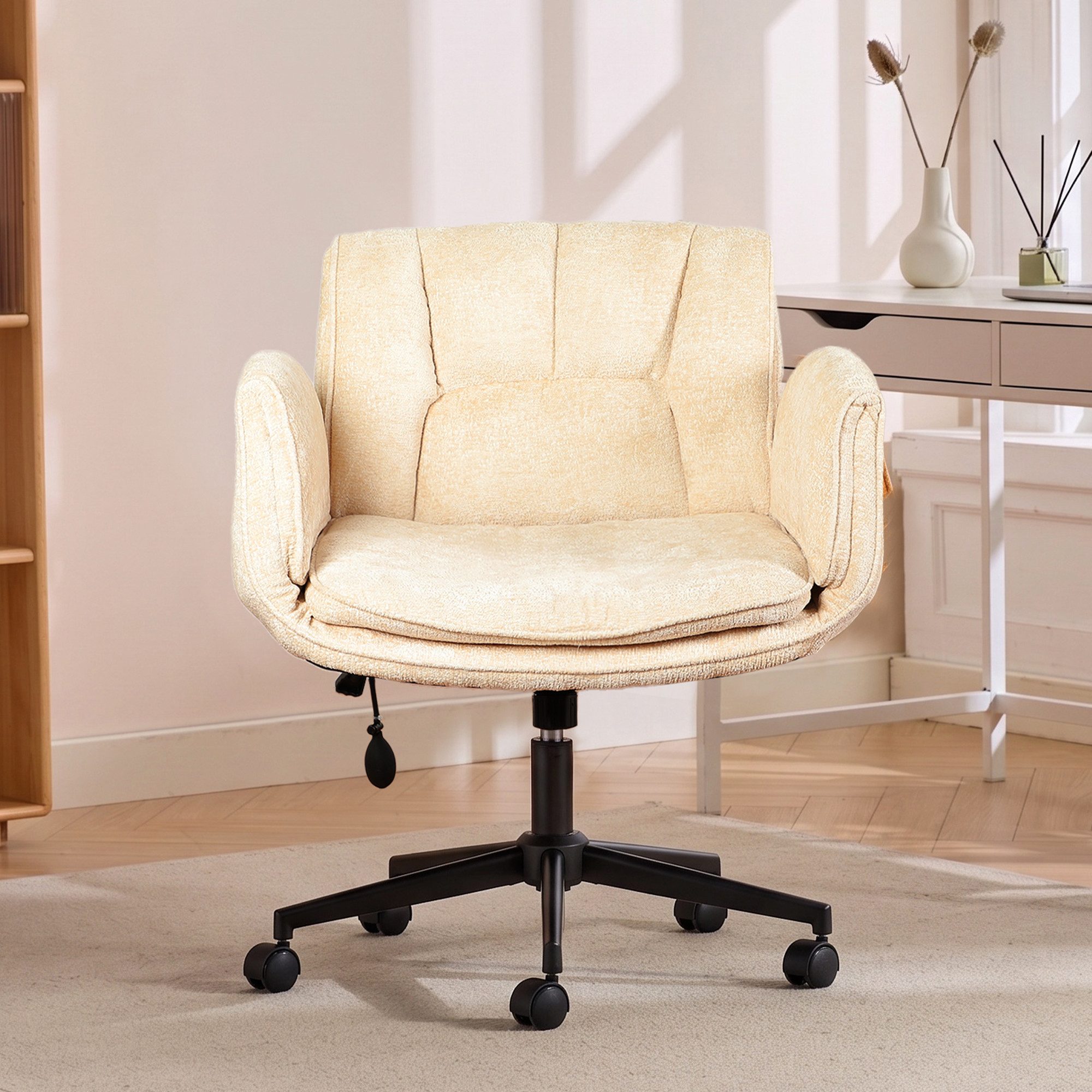 Vankel Drehstuhl Bürostuhl ergonomisch mit breitem Sitz & 5-fach Armlehnen, Schreibtischstuhl mit Chenille-Bezug, Rollen & 150 kg