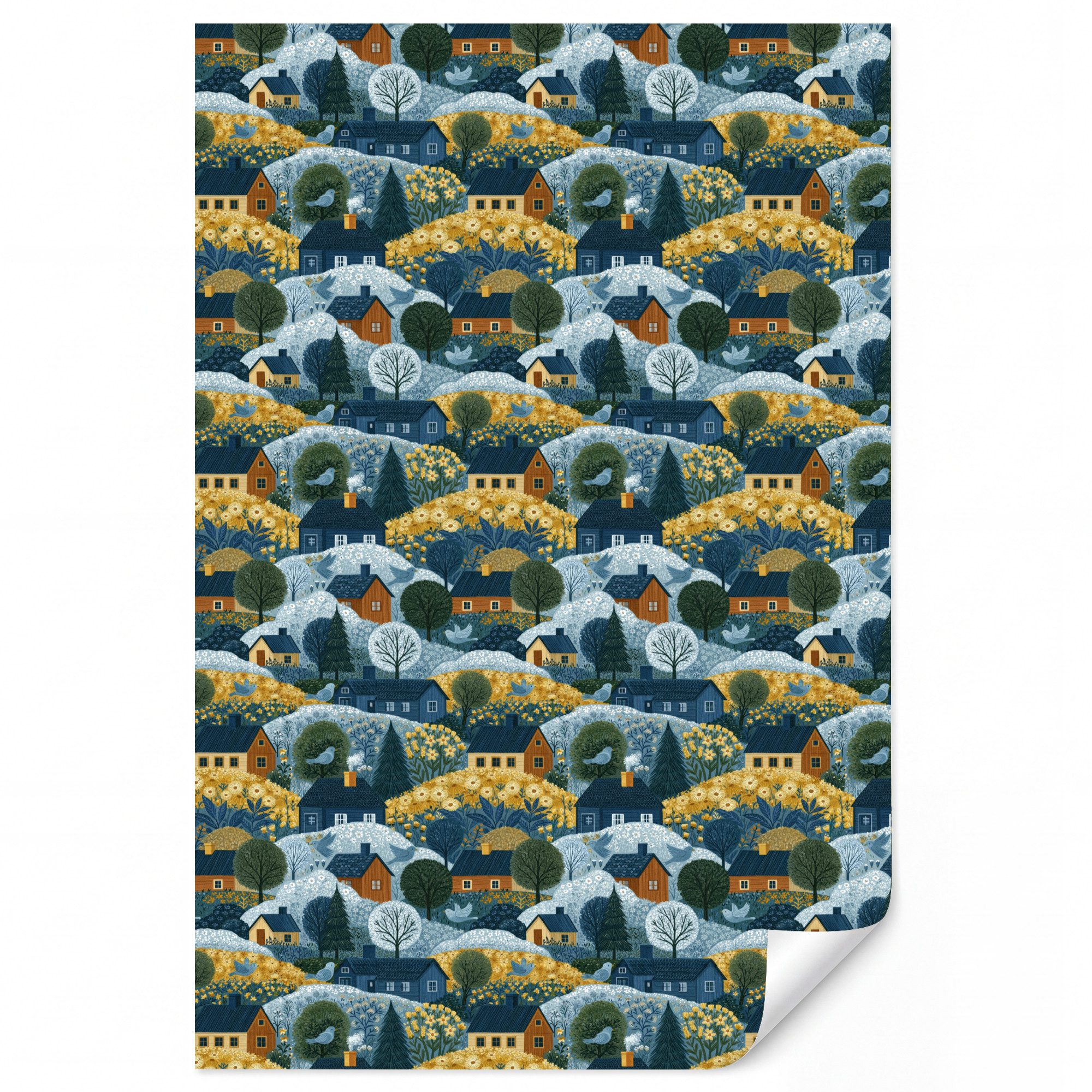 OnlyWow Fototapete Häuser - Blumen - Muster - Gelb - Blau, Matt, bedruckt, Wandtapete, Schlafzimmer, Modern, Vliestapete 140x200cm