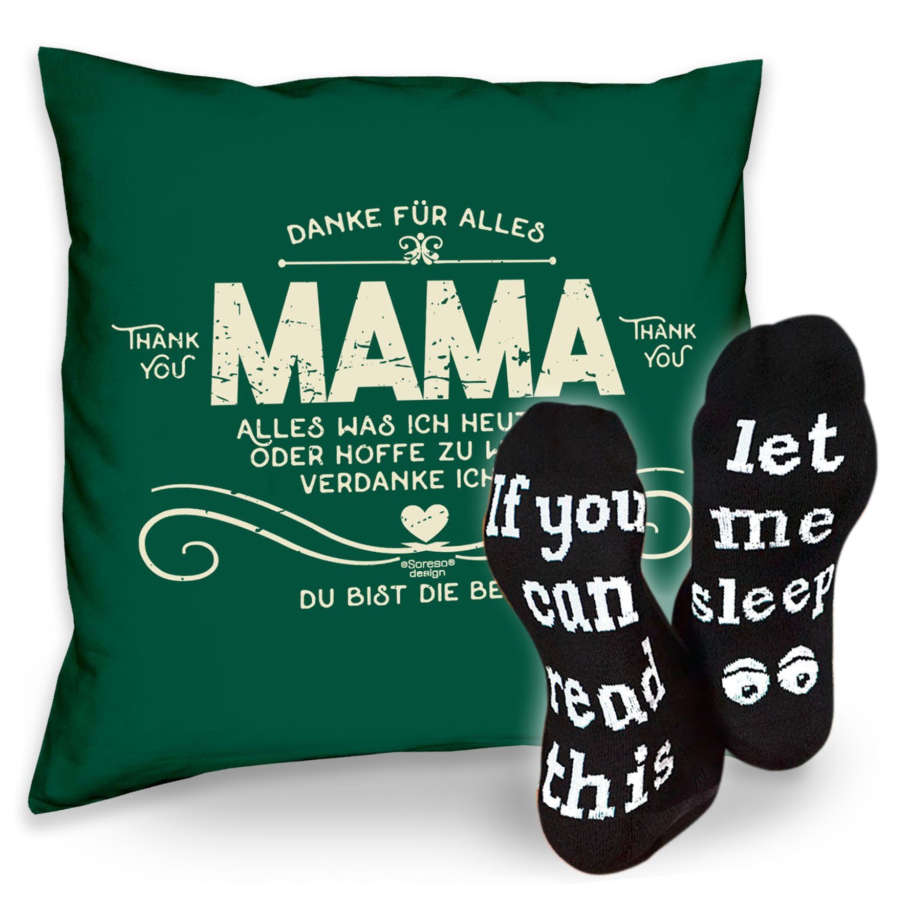 Soreso® Dekokissen Kissen Danke Sleep, dunkelgrün Mama Socken & Muttertagsgeschenk Muttertag Sprüche Mama
