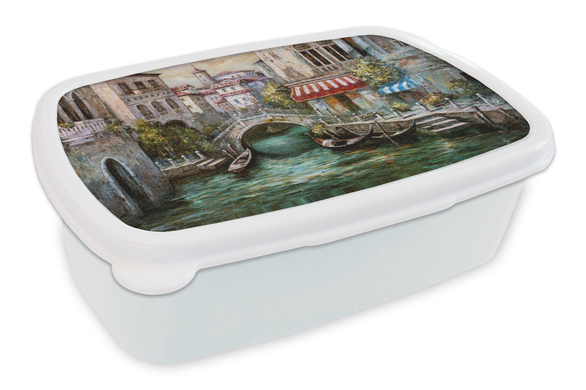 MuchoWow Lunchbox Gemälde - Öl - Wasser - Graben - Italien, Kunststoff, (2-tlg), Brotbox für Kinder und Erwachsene, Brotdose, für Jungs und Mädchen weiß