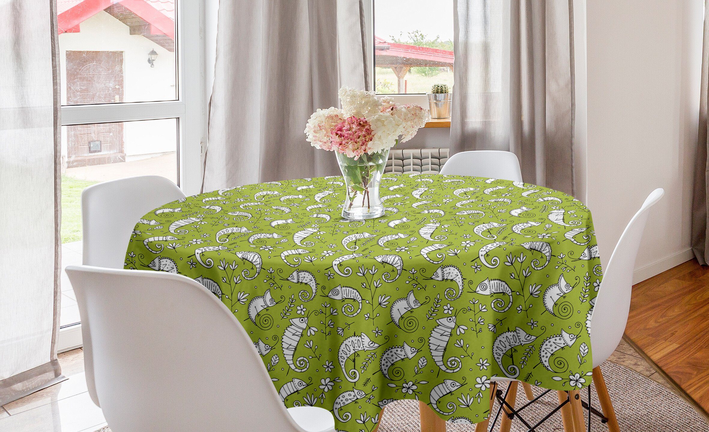 Abakuhaus Tischdecke Kreis Tischdecke Abdeckung für Esszimmer Küche Dekoration, Grün und Weiß Lustiges Chamäleon