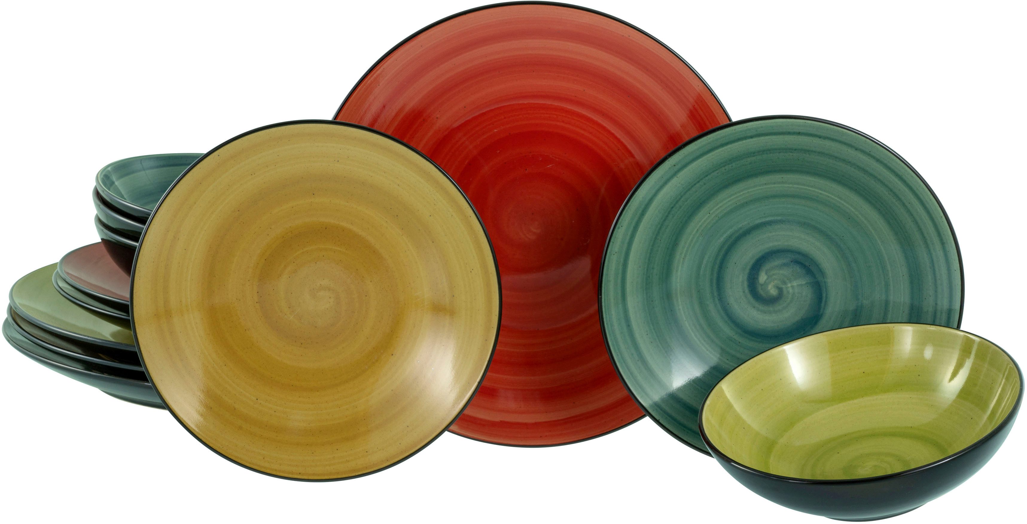CreaTable Teller-Set Samoa, Teller Set 12-tlg (12-tlg), 4 Personen, Steinzeug, Handgemalter Spiraldekor