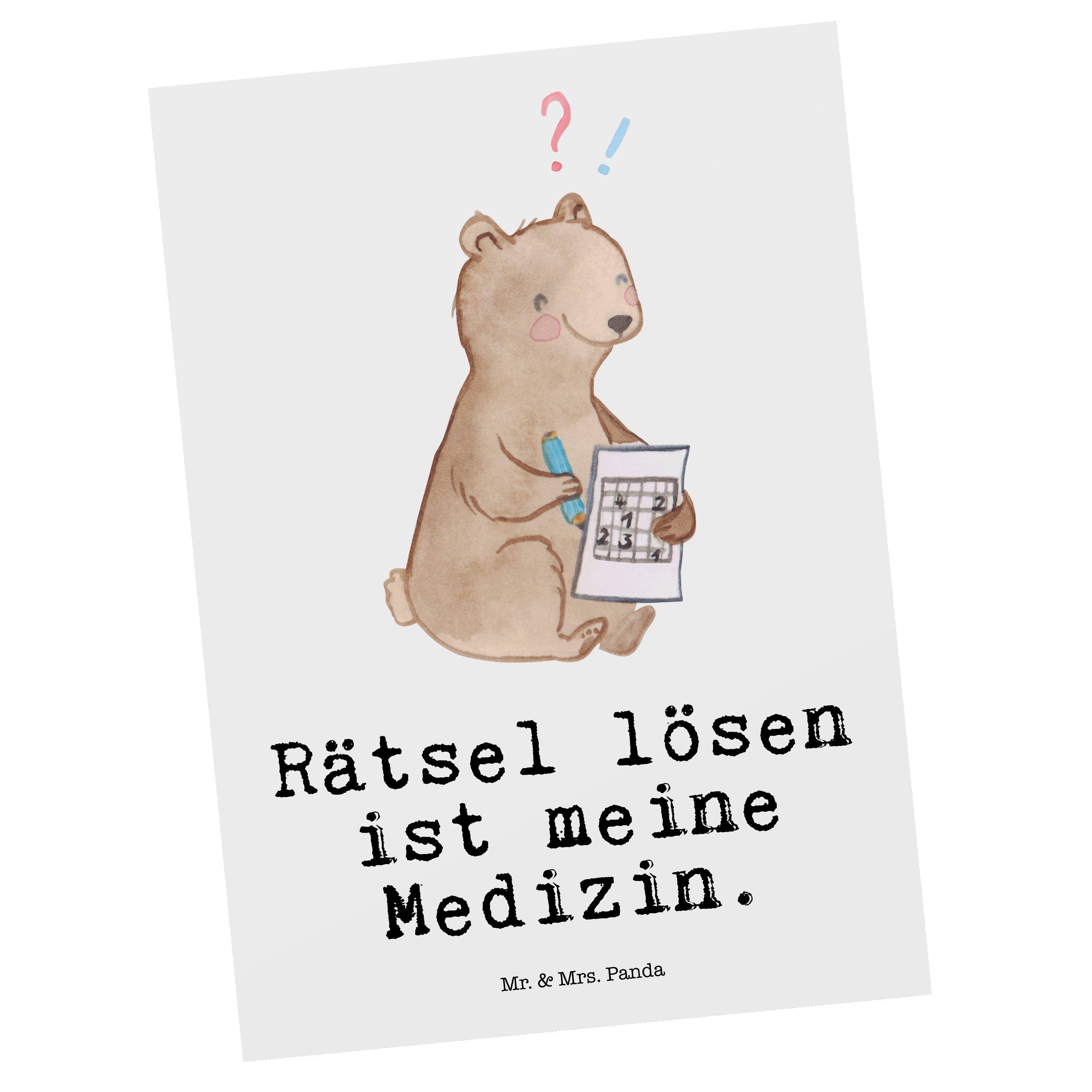 Mr. & Mrs. Panda Postkarte Bär Rätsel lösen Medizin - Weiß - Geschenk, Dankeschön, Geschenkkarte