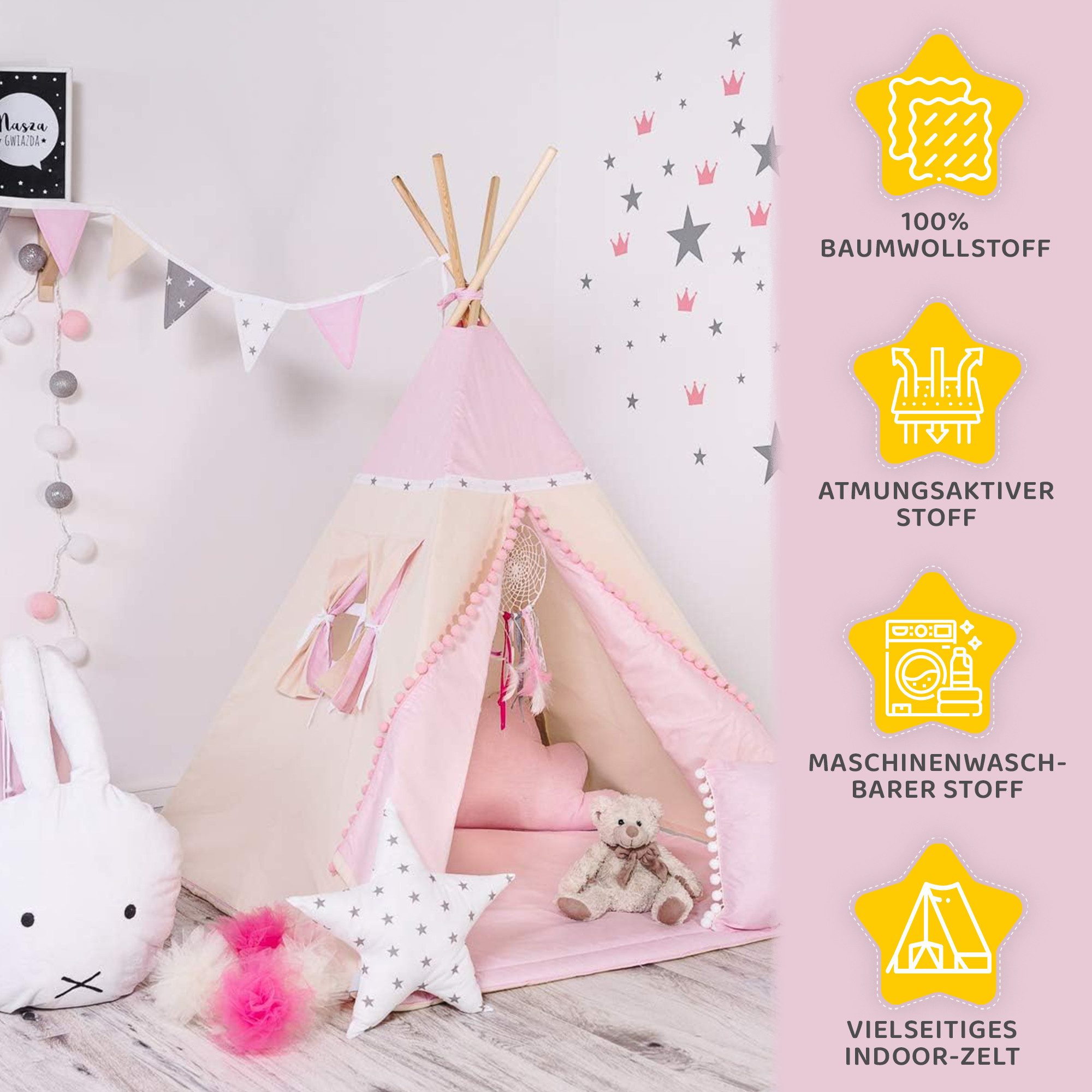 Rainbow Kids Tipi-Zelt Kleine Königin, Personen: 2 (mit Zubehör, 8 tlg., mit 4 Kissen, Matte, Spielzeugkorb und Wimpelkette)