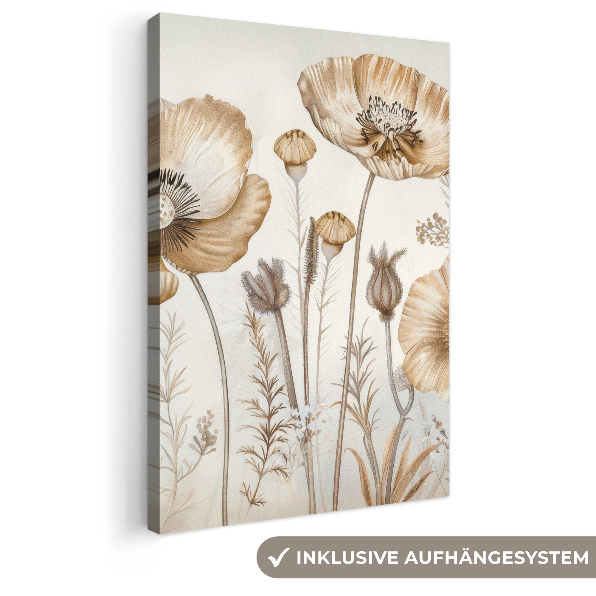OneMillionCanvasses® Leinwandbild Blumen - Beige - Natur - Illustration, Fotodruck (1 St), Leinwand Canvas Wandbild, Wanddekoration 20x30 cm