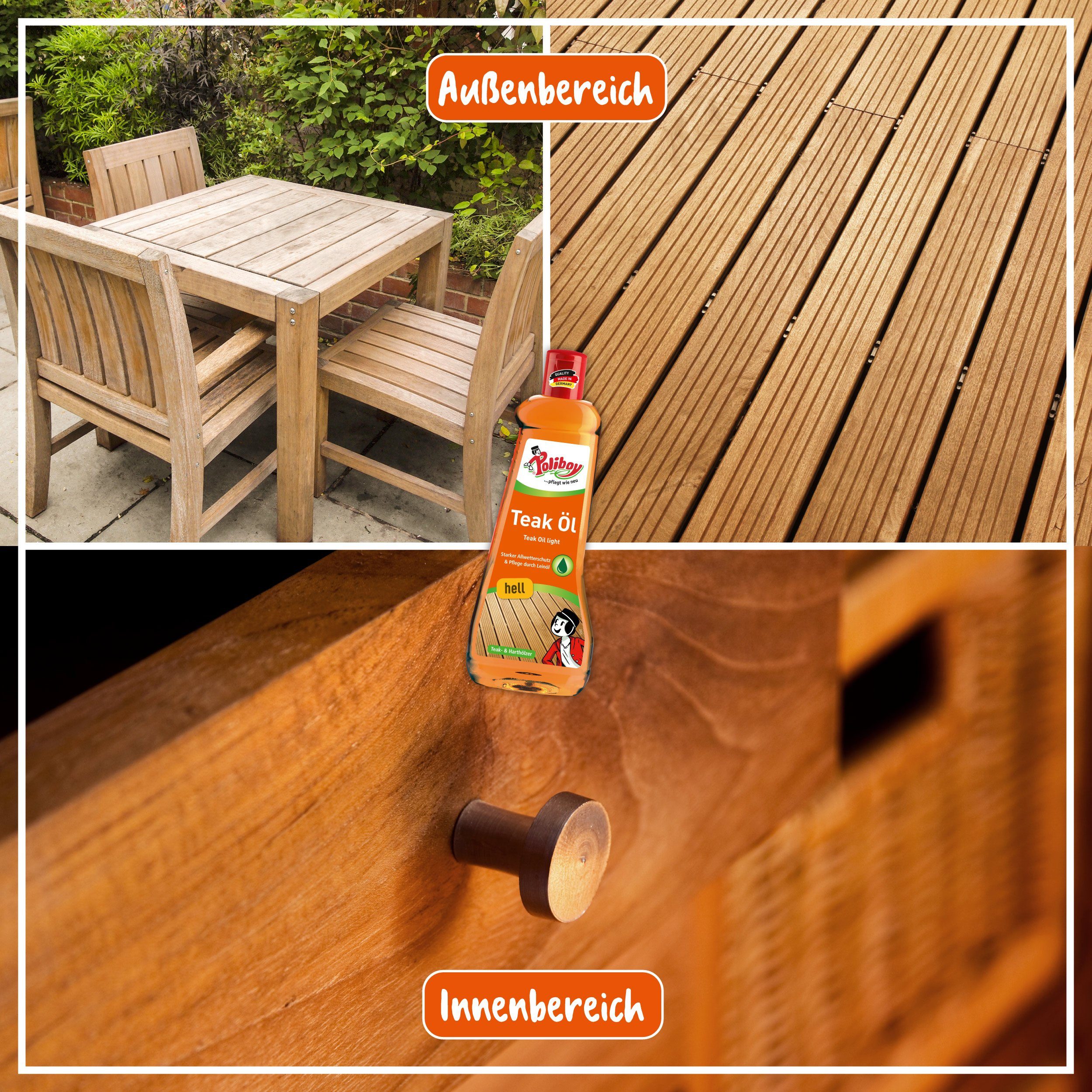 poliboy Teak Öl hell - 500ml - für geölte und naturbelassene Gegenstände Holzreiniger (reinigt, pflegt und schützt - Made in Germany)