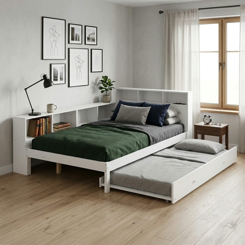 OKWISH Funktionsbett Stauraumbett (120x200 cm, mit Ausziehbett 90x190 cm und seitlichem Stauraumregal flexibel links rechts montierbar mit Kopfteilablage und integrierter Ladestation), ohne Matratze