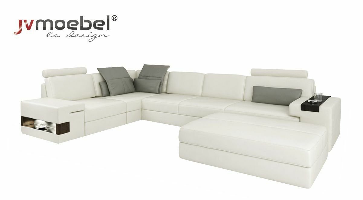 JVmoebel Ecksofa, Designer Sofa Couch Ecksofa mit Hocker Polster Garnitur Weiß/Grau