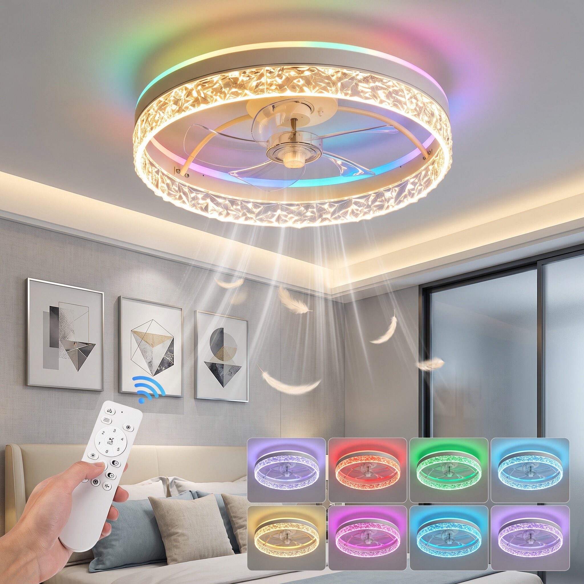 oyajia Deckenventilator 68W Leise Deckenventilator,Kristall Deckenleuchte RGB Farbwechsel 50cm, APP Dimmbar 6 Geschwindigkeiten, Mit Fernbedienung für Schlafzimmer
